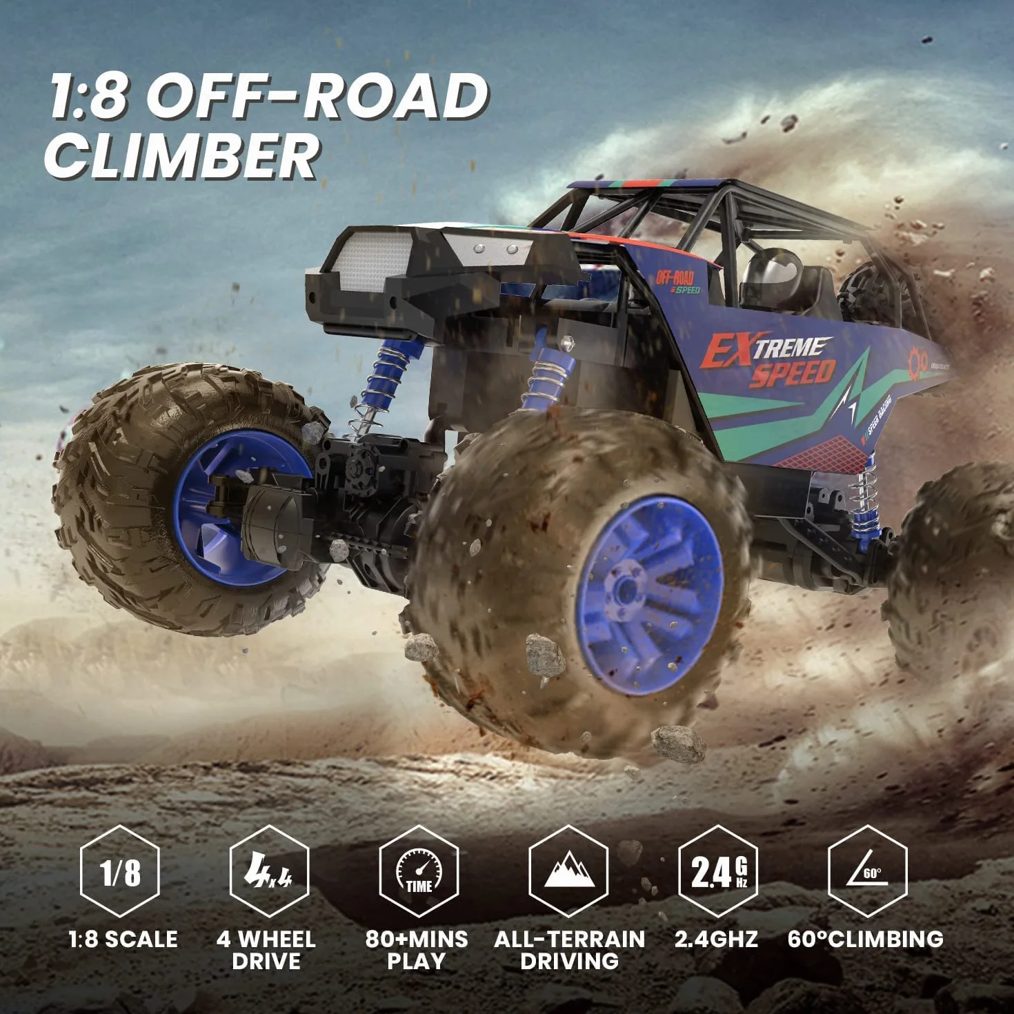 DEERC Grandi auto telecomandate 1:8 Monster Truck fuoristrada con suono realistico, 2,4 GHz 4WD Rock Crawler giocattolo per ogni terreno, 2 batterie per 80 minuti di gioco