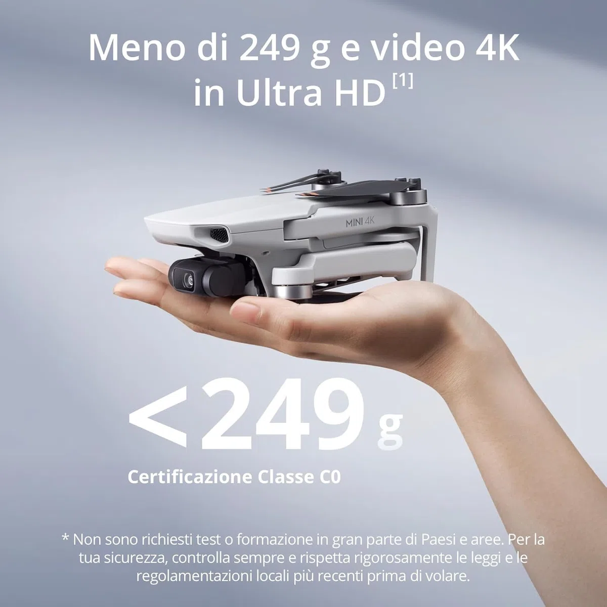 DJI Mini 4K, drone per adulti, fotocamera 4K HD, < 249 g, stabilizzatore 3 assi, trasmissione video 10 km, return automatico, resistenza al vento, 1 batteria per tempo di volo 31', volo intelligente