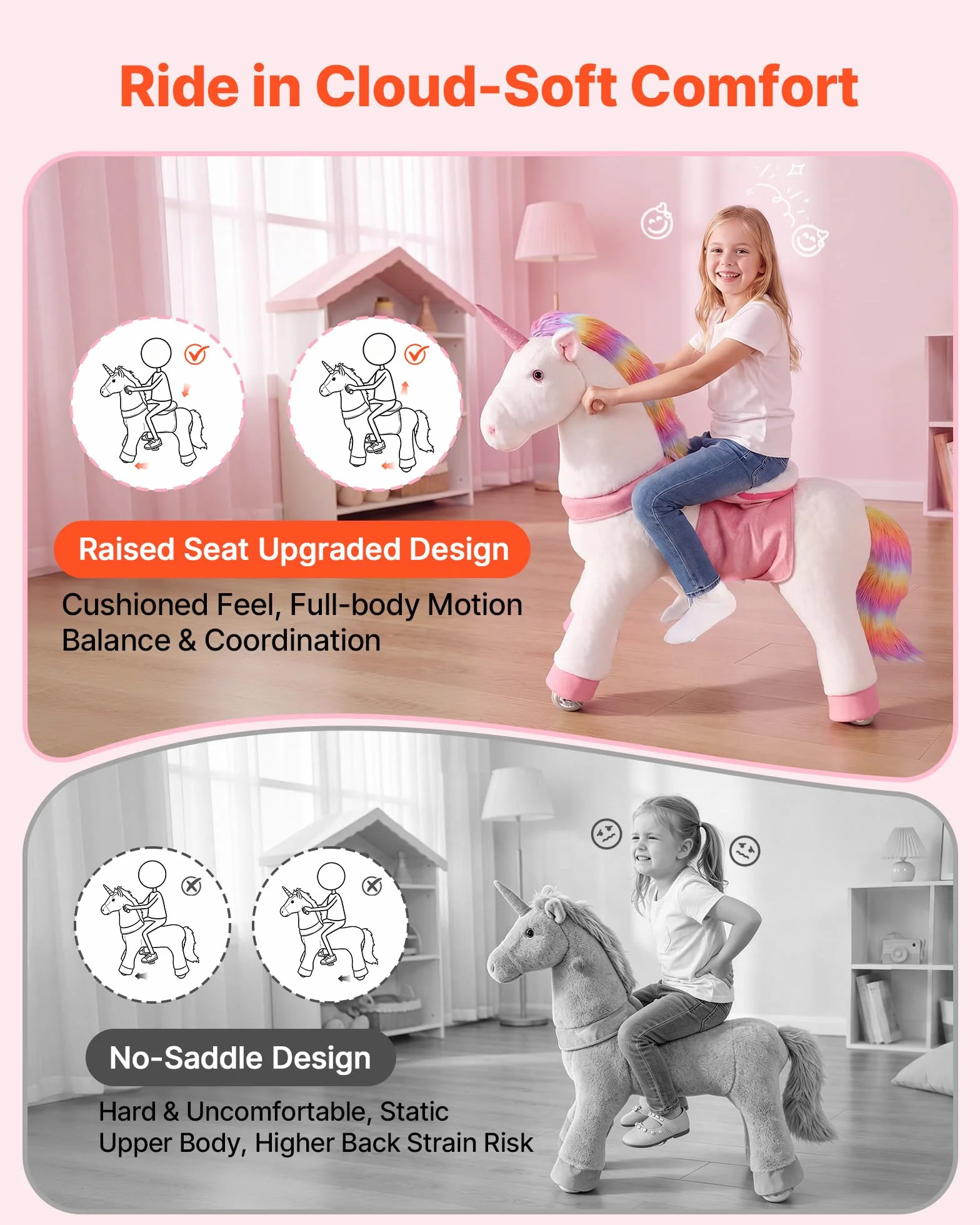 VEVOR Unicorno Cavalcabile per Bambini, Cavallo Giocattolo Cavalcabile con Ruote, Senza Batterie, Anello Anti-Ribaltamento, Sedile Rialzato, Maniglie e Pedali, Carico Massimo 80kg, Per Bambini 6+ Anni