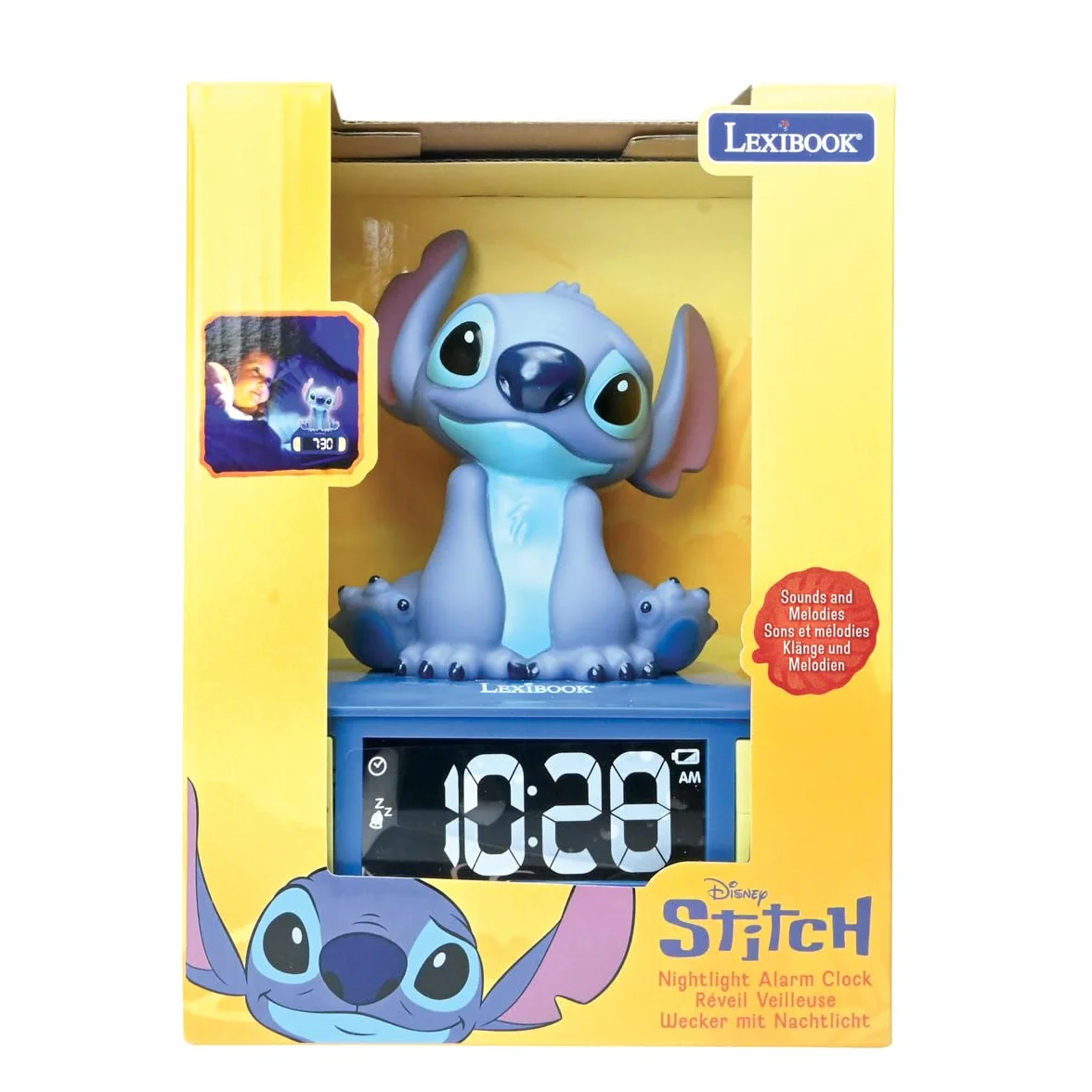 Lexibook, Disney Stitch, Sveglia notturna Stitch, Suoni e melodie, Schermo LCD retroilluminato, Luminoso, Snooze, Blu, RL800DLXB