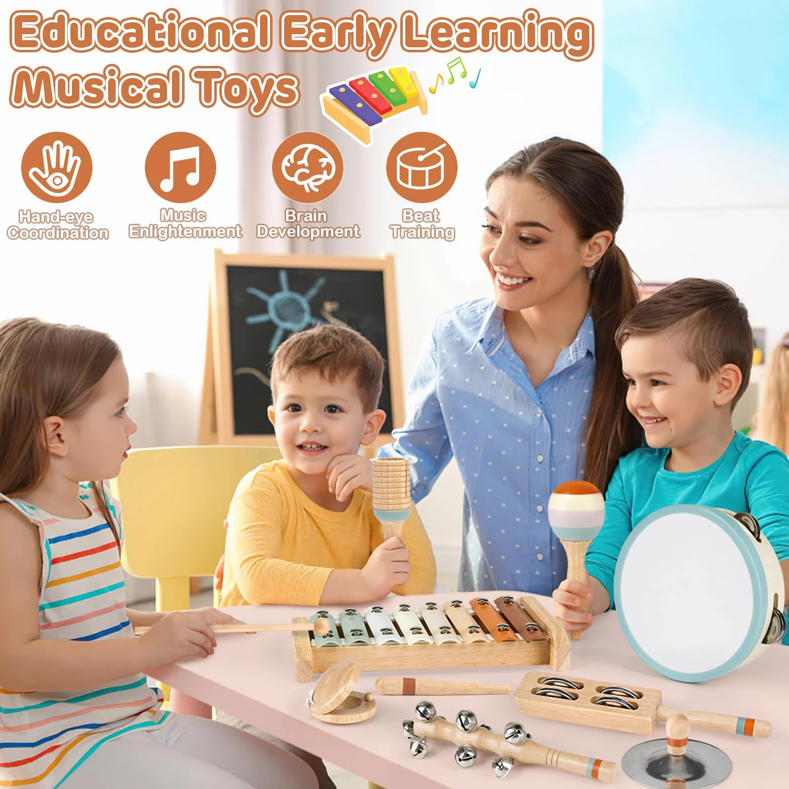 Strumenti Musicali Bambini, Montessori Strumenti Musicali Percussioni Giocattolos, Percussioni in Legno con Tamburo, Xylophone , Percussioni per Bambini, 3 4 5 6 Anni Giochi Bambini