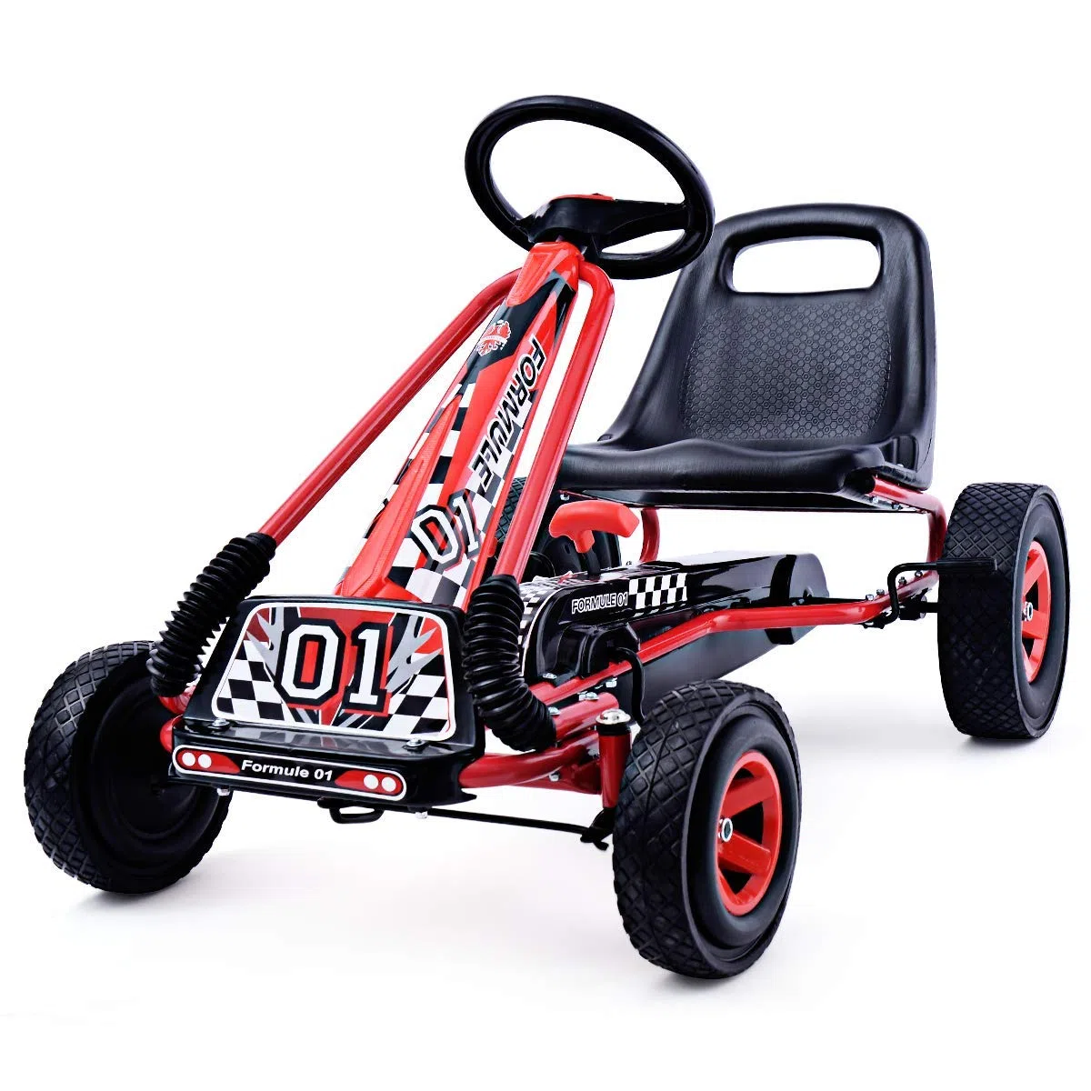 COSTWAY Go Kart a Pedali per Bambini 3-8 Anni, Sedile Regolabile, Freno a Mano, Portata 30 kg, Rosso