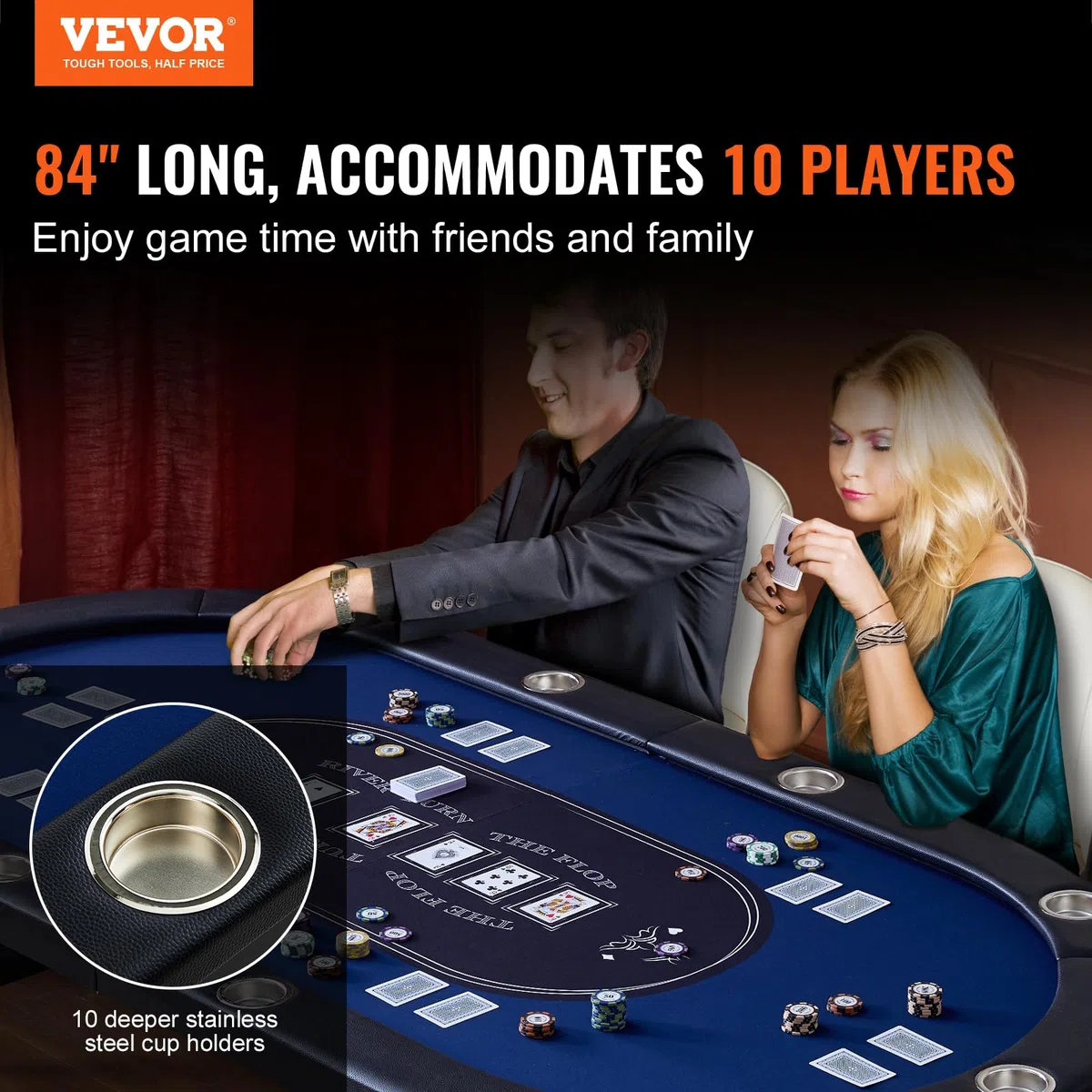 VEVOR Tavolo da poker pieghevole per 10 giocatori, portatile, con binari imbottiti e portabicchieri in acciaio inossidabile, blu (84')