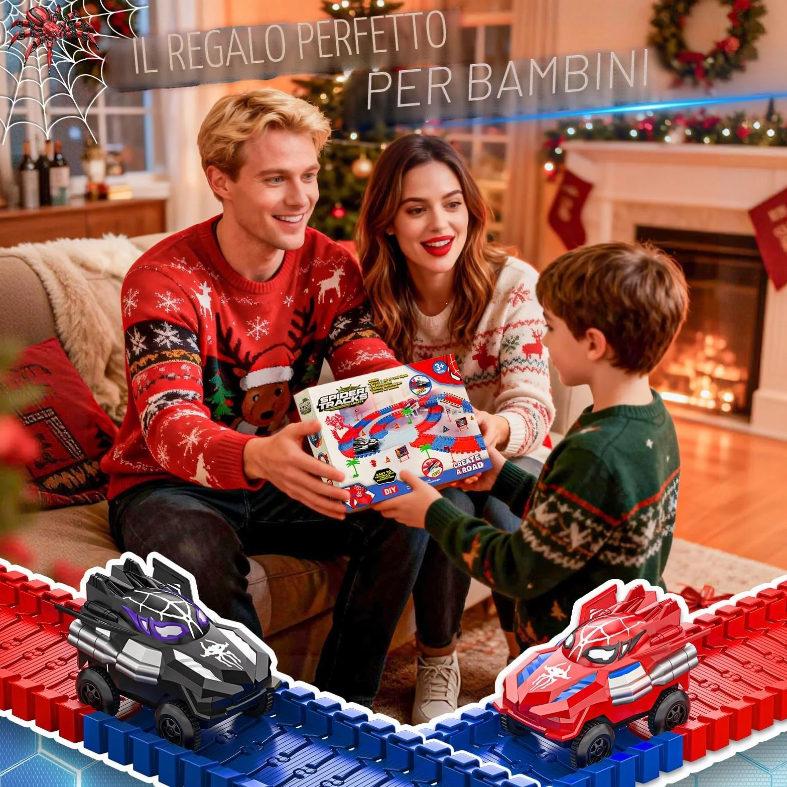 Kssvzz Spider Pista Macchinine 2 3 4 5 6 Anni Bambino, Flessibile Giocattolo Pista Auto Elettriche, Regalo Compleanno Natale Giochi per Bambini 2-8 Anni (212 Pezzi)