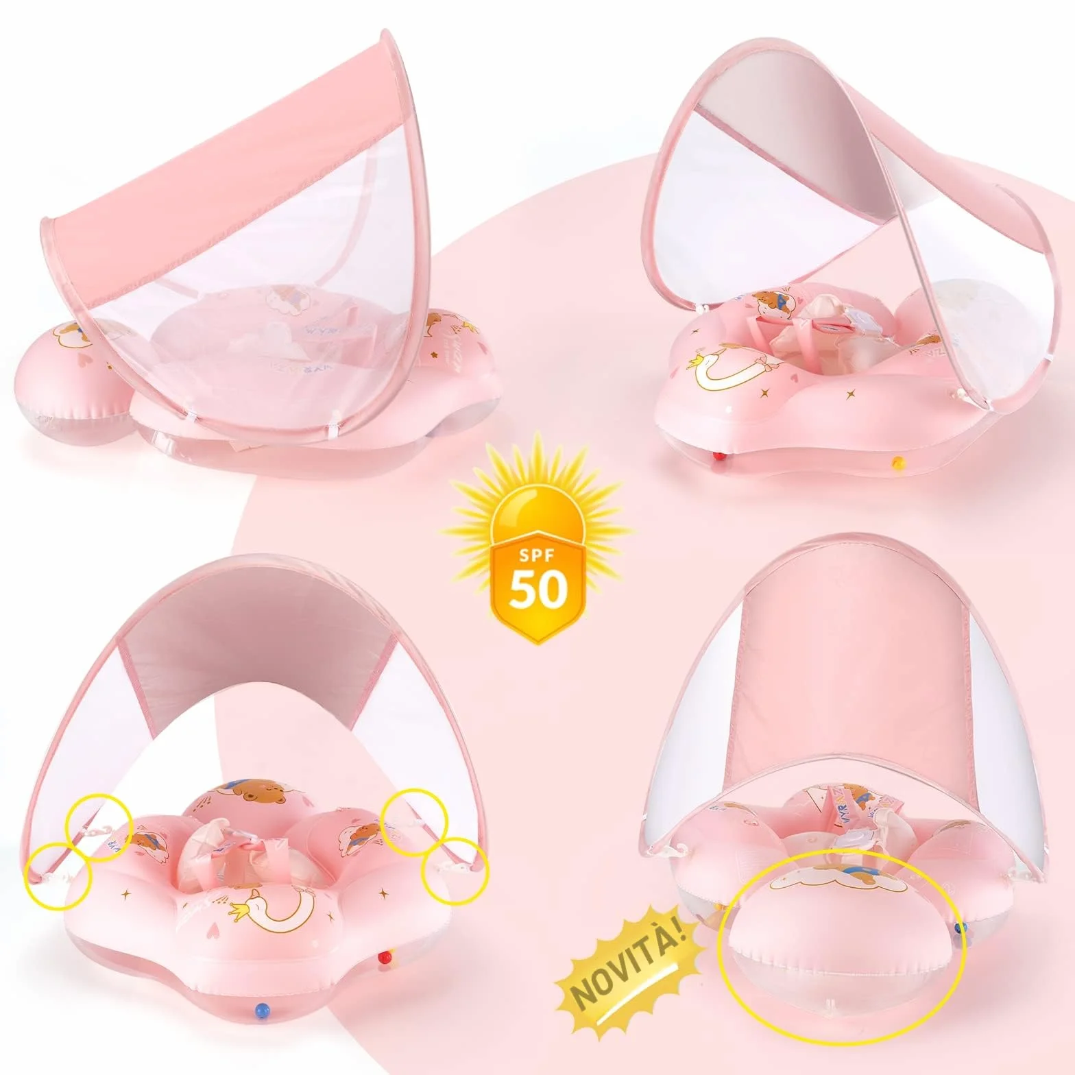 WYRIAZA Salvagente Neonato, Ciambella Neonato Mare | Salvagente Neonato con Parasole SPF 50+ | Salvagente Neonato 5-16Kgs Aggiornato con Sfera di Equilibrio per Evitare Il Ribaltamento