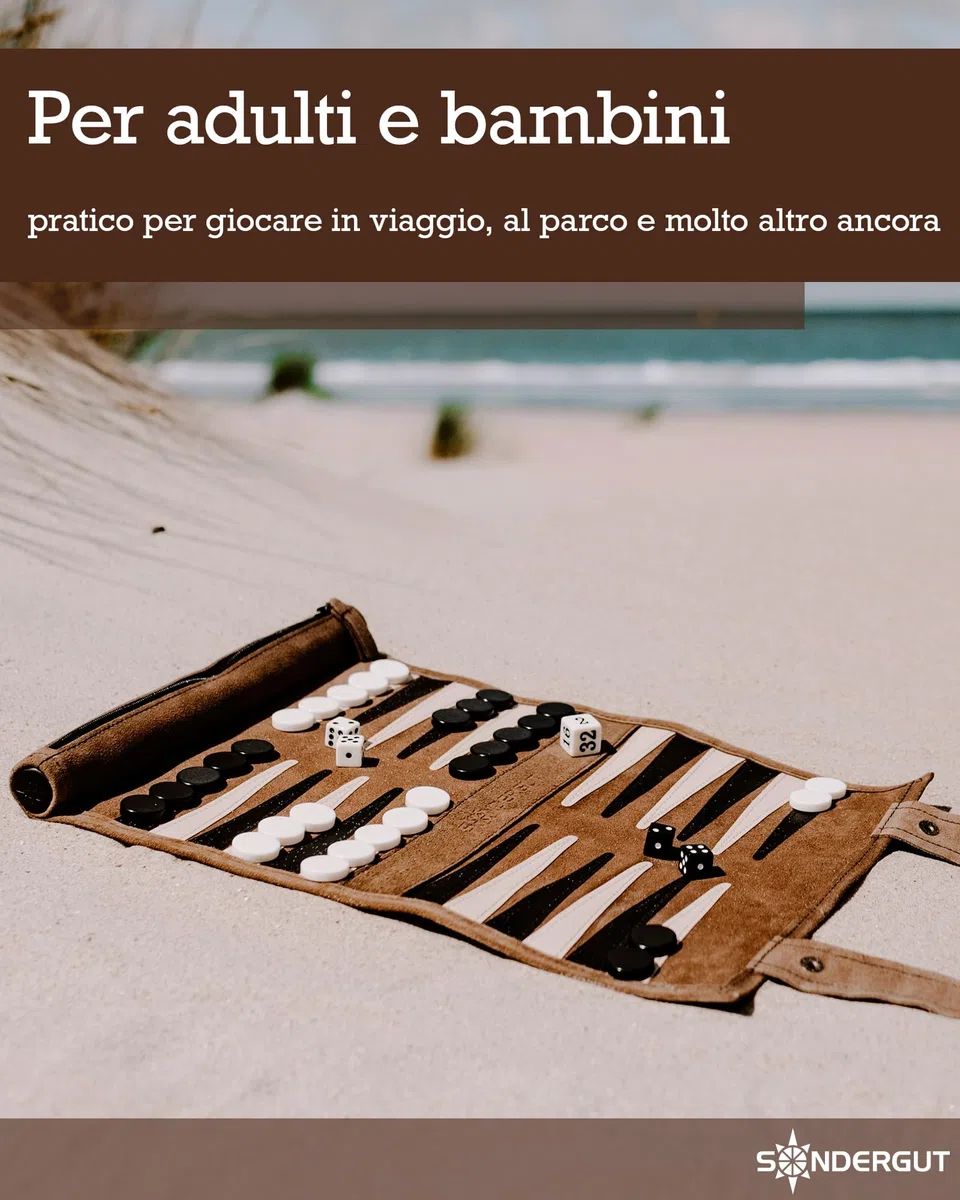 Sondergut Backgammon gioco da tavolo Mocca - Avvolgibile, in 100% pelle - L'originale dal 1998 - Perfetta idea regalo per gli appassionati del campeggio e dei viaggi - 25x34cm