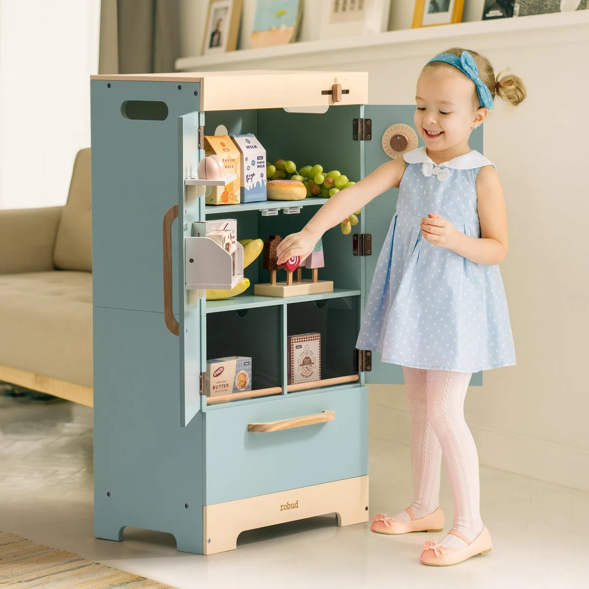 ROBUD Frigorifero in legno - realistico e interattivo con macchina per cubetti di ghiaccio e giocattoli alimentari - Adatto per bambini dai 3 anni in su