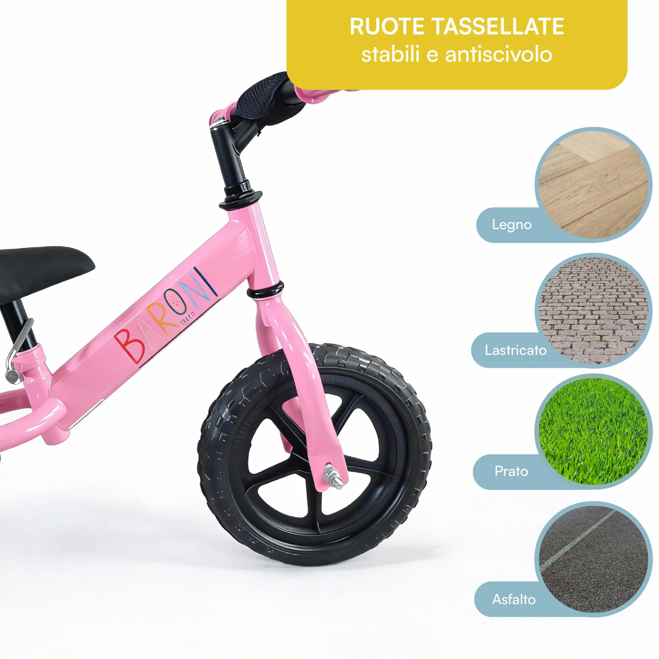 Baroni Toys Bici Senza Pedali per Bambini dai 3 Anni, Balanced Bike con Manubrio e Sellino Regolabili, Ruote Tassellate Antiscivolo, Portata 45kg, Ideale per Equilibrio e Coordinazione