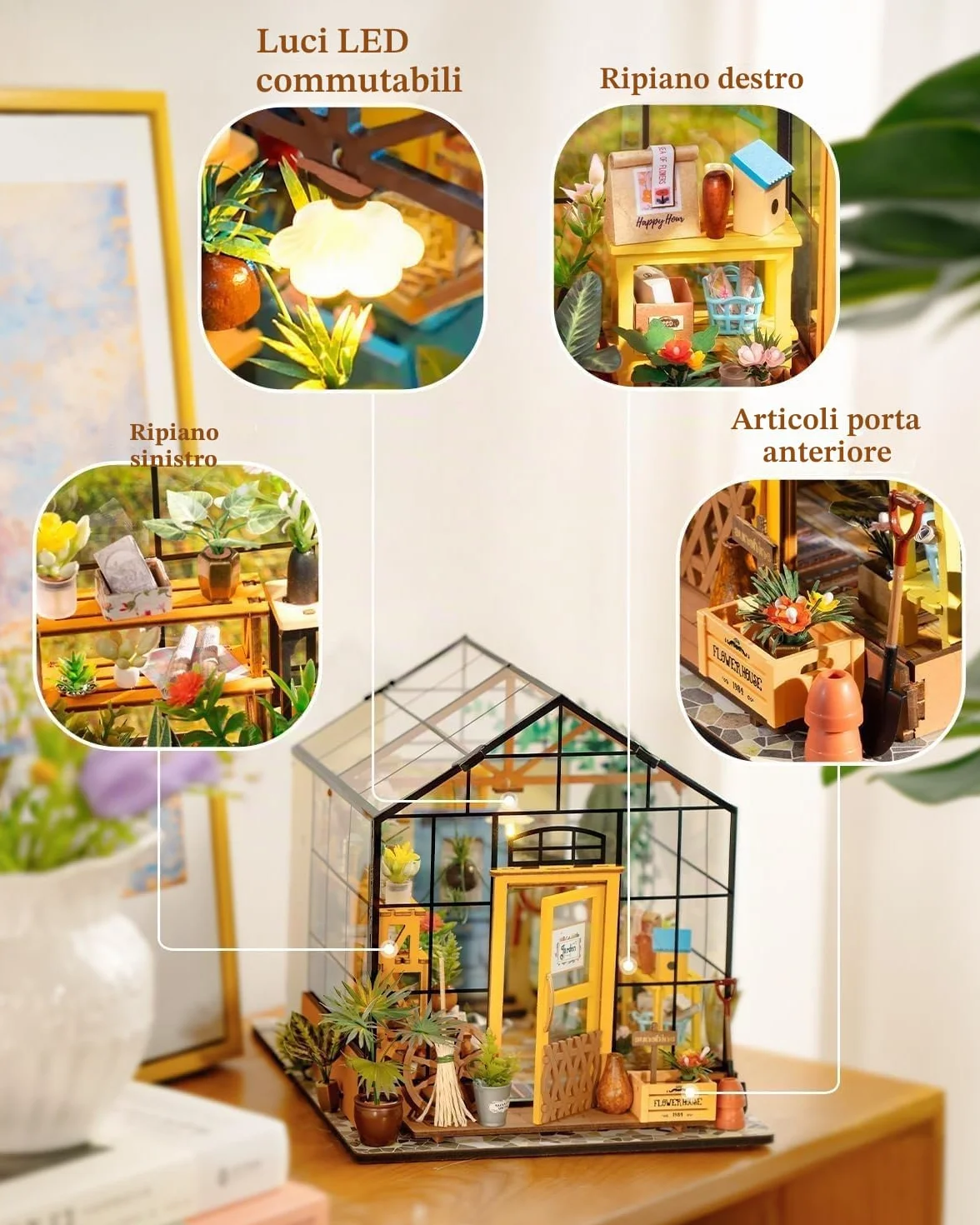 ROWOOD Casa Delle Bambole Serra, Stanza in Miniatura Fai Da Te con Luce Led, Kit di Costruzione di Modelli In Legno per Adulti, Casa Dei Fiori di Cathy
