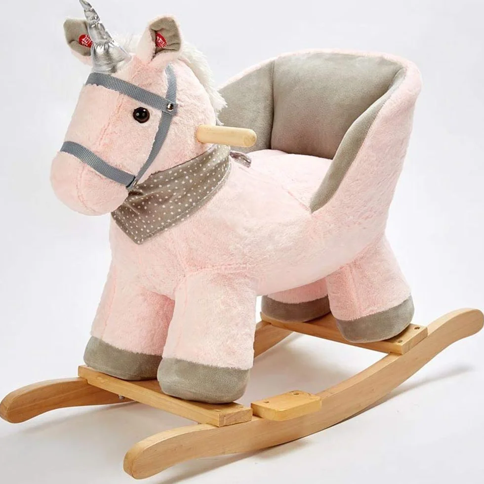 Bakaji Unicorno a Dondolo Cavalluccio Cavalcabile Peluche Giocattolo per Bambini con Effetti Sonori Maniglie e Cintura di Sicurezza Rosa