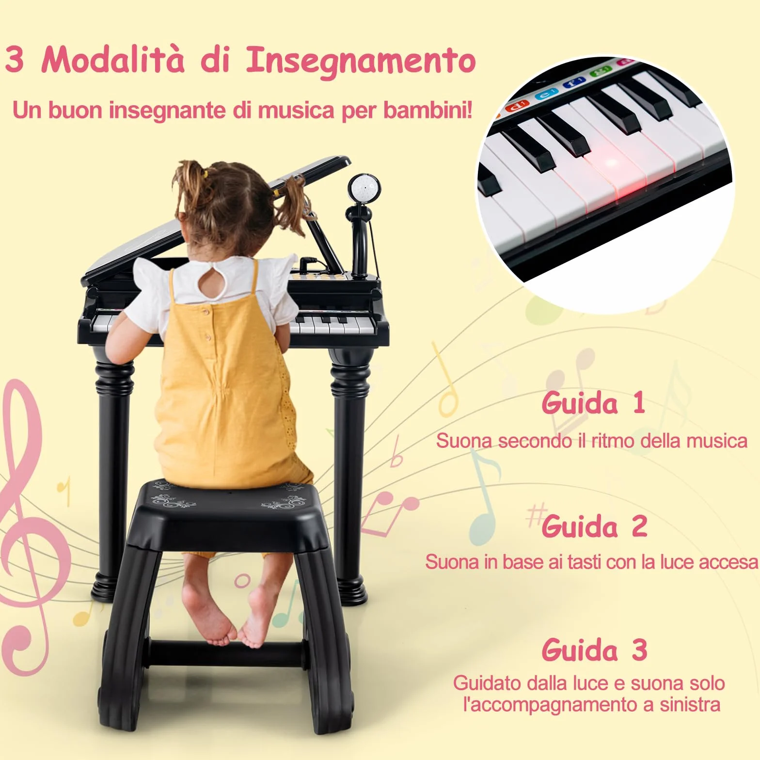 RELAX4LIFE Pianoforte per Bambini con 31 Tasti e Sgabello, Tastiera Pianoforte Elettronico con Microfono Regolabile, Giocattolo Musicale Regalo per Bambini 3+ Anni (Nero)