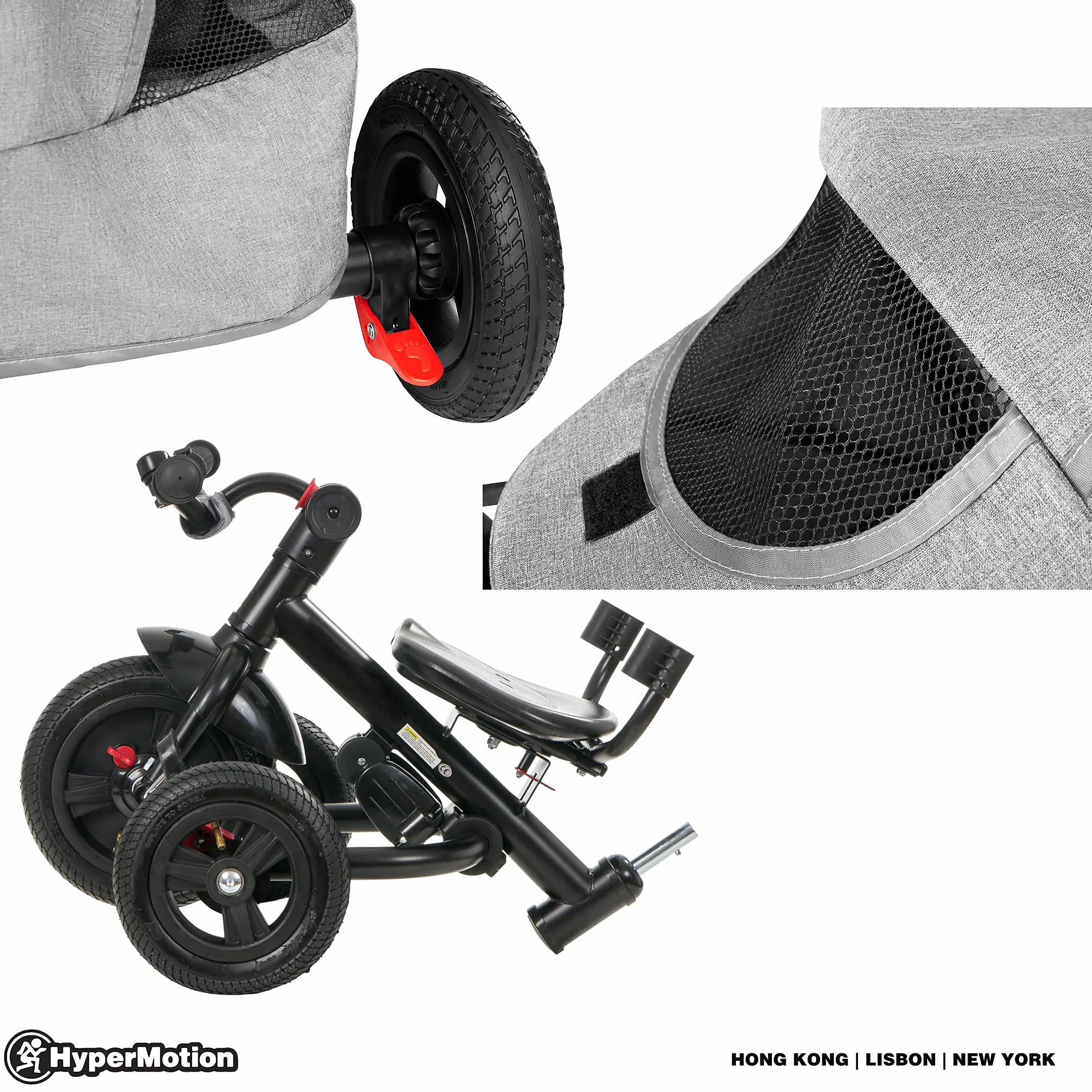 HyperMotion Passeggino Triciclo Evolutivo per Bambini 12 Mesi - 5 Anni, Bicicletta con Sedile Girevole e Ruote Gonfiabili, Portata 25 kg, Pieghevole con Parapioggia, Ideale per Parco e Giardino - Grey