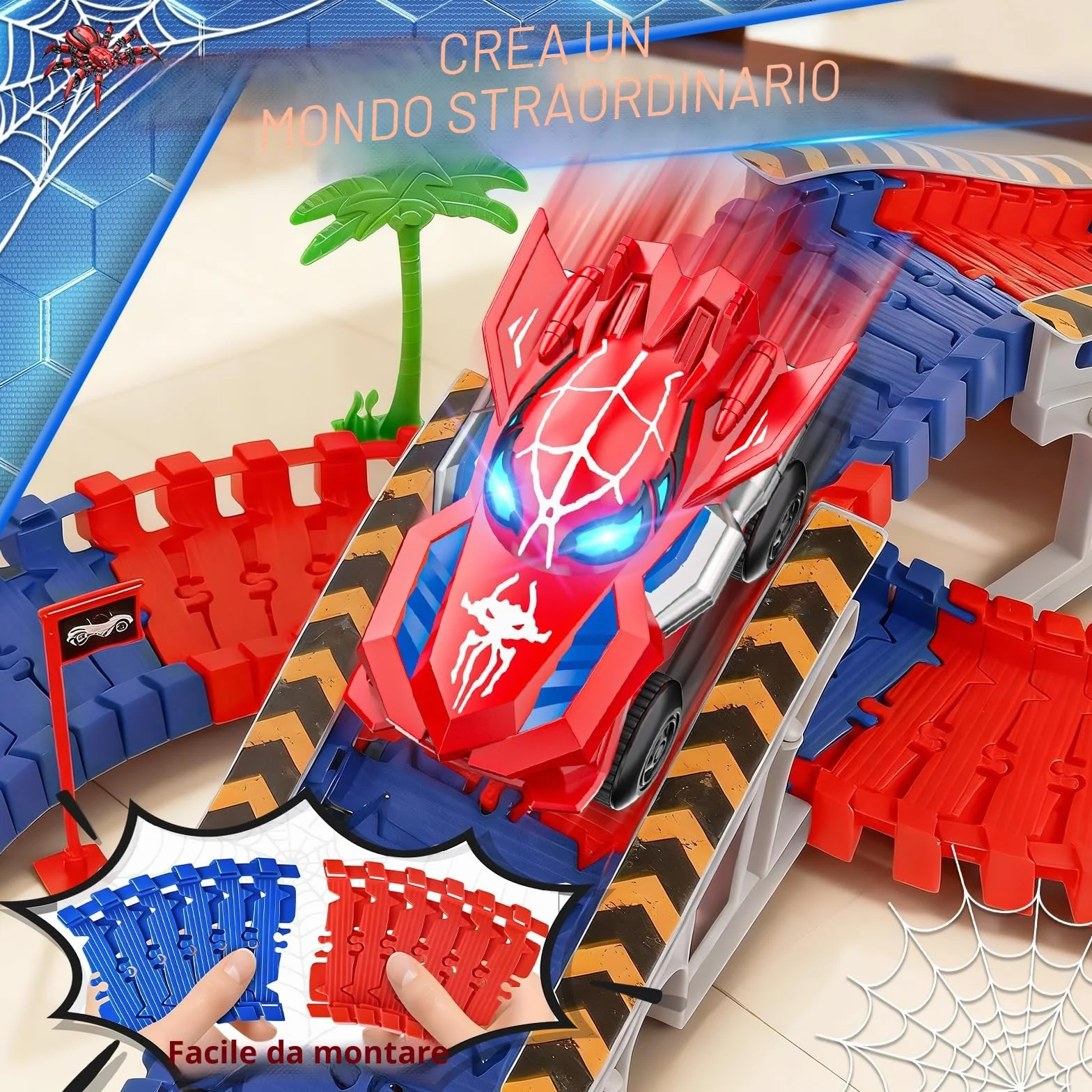 Kssvzz Spider Pista Macchinine 2 3 4 5 6 Anni Bambino, Flessibile Giocattolo Pista Auto Elettriche, Regalo Compleanno Natale Giochi per Bambini 2-8 Anni (212 Pezzi)