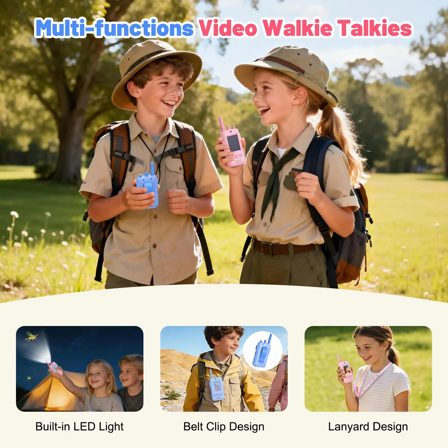 Video Walkie Talkie Bambini, 2 Walkie Talkie Ricaricabili con Display, Telecamera HD& Modificatore Vocale, Lunga Portata, Regalo per Bambini e Bambine dai 3 ai 12 Anni