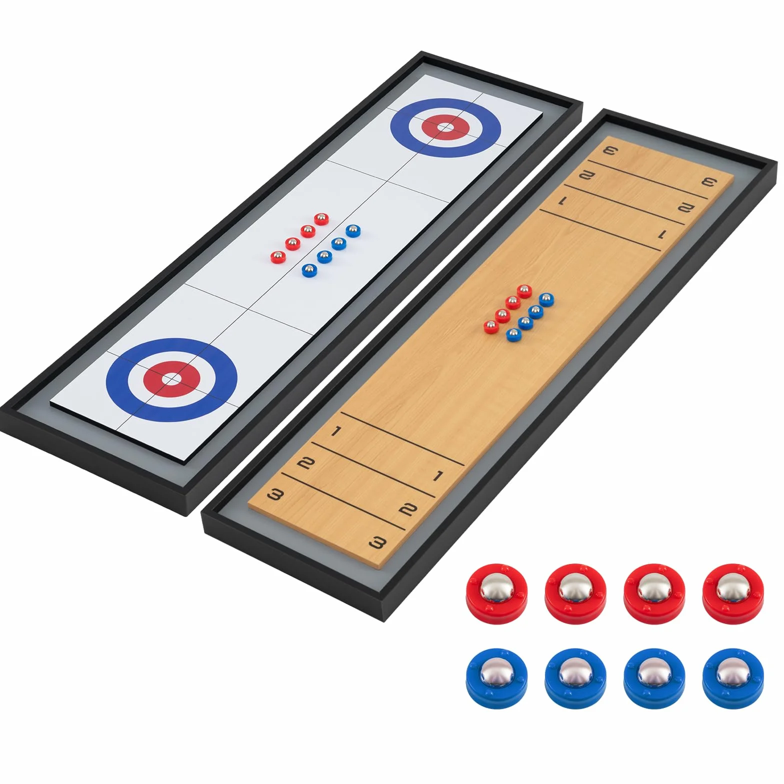HOMASIS Gioco 2 in 1 Shuffleboard e Curling, Tavolo Multifunzionale Doppia Faccia in Legno, Portatile con 8 Dischi, 114x32 cm
