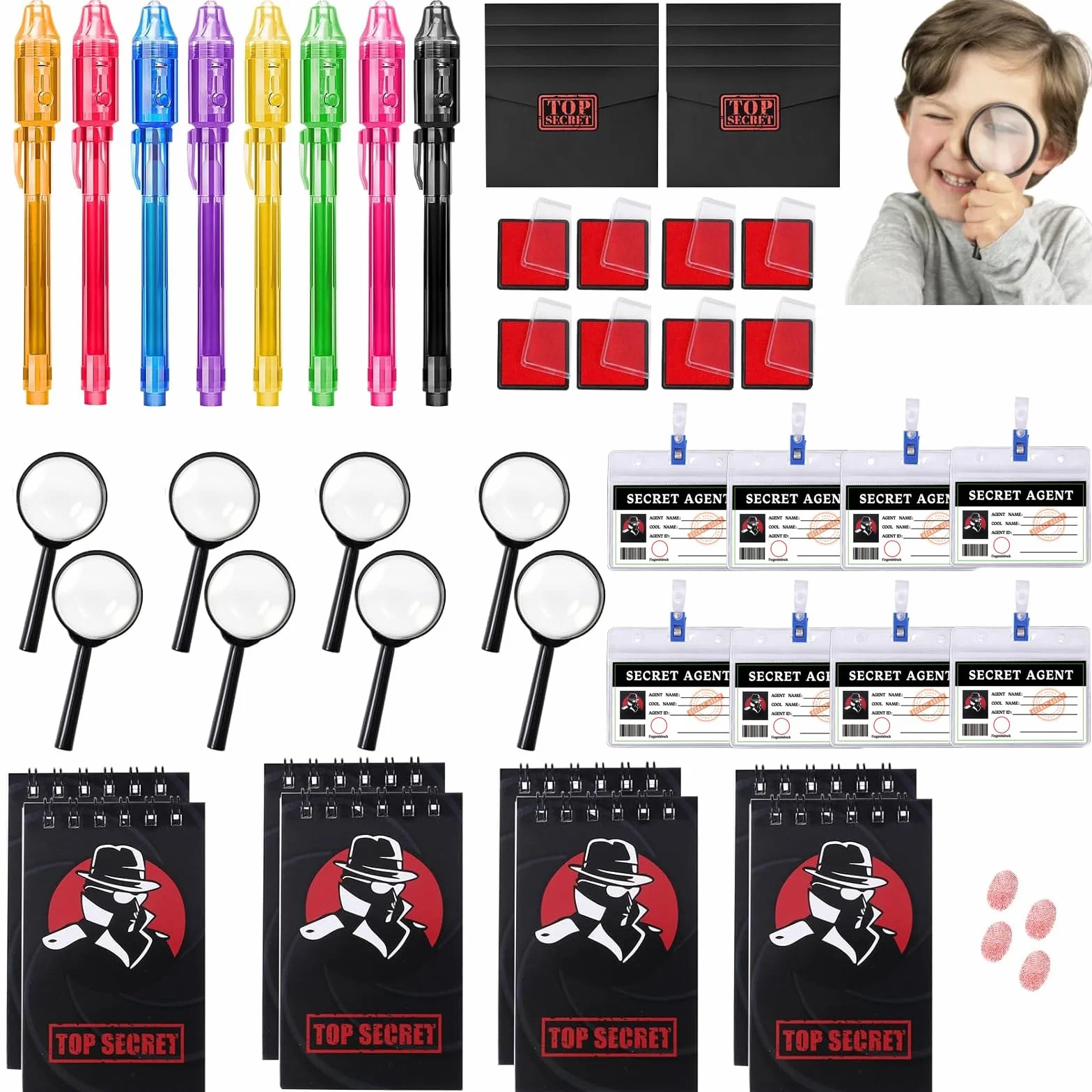 48 Pezzi Bambini Giocattolo Detective, Kit Spionaggio Gioco Detective per Bambini， con penna UV, taccuino, lente d'ingrandimento giocattolo, carte d'identità con clip, tampone per impronte digitali