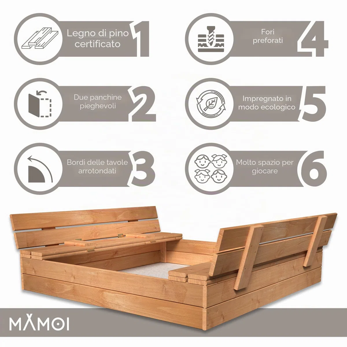 MAMOI Sandbox con coperchio 120 x 120 cm, cassetta di sabbia impregnata con panche in legno, copertura per panchine 150 x 150 cm
