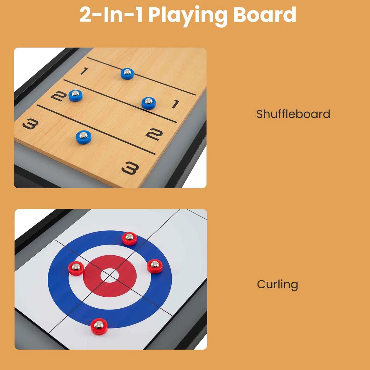 HOMASIS Gioco 2 in 1 Shuffleboard e Curling, Tavolo Multifunzionale Doppia Faccia in Legno, Portatile con 8 Dischi, 114x32 cm