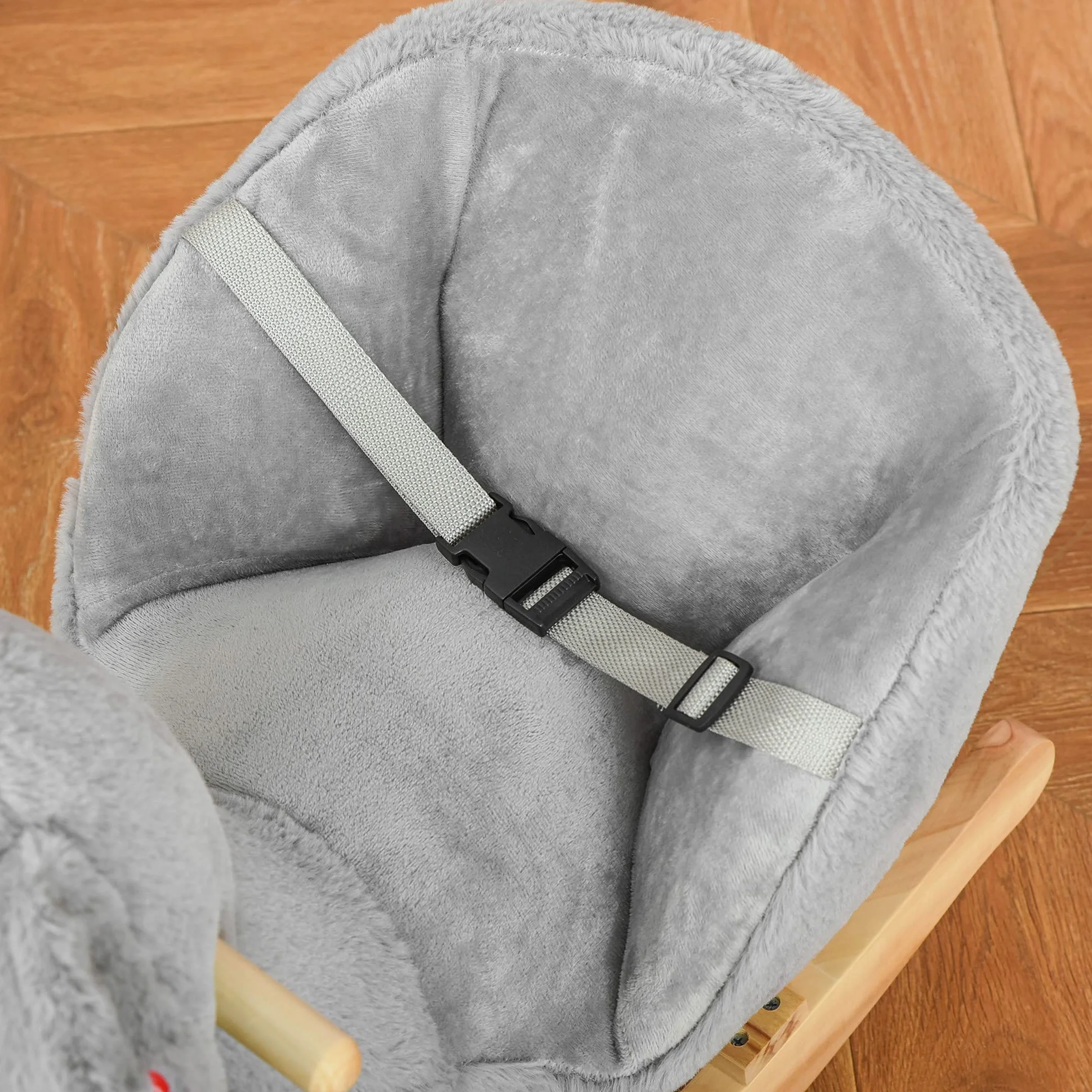 HOMCOM Cavallo a Dondolo Koala in Peluche Imbottita con Suoni, Cintura di sicurezza e Base in Legno, 60x33x50cm, Grigio