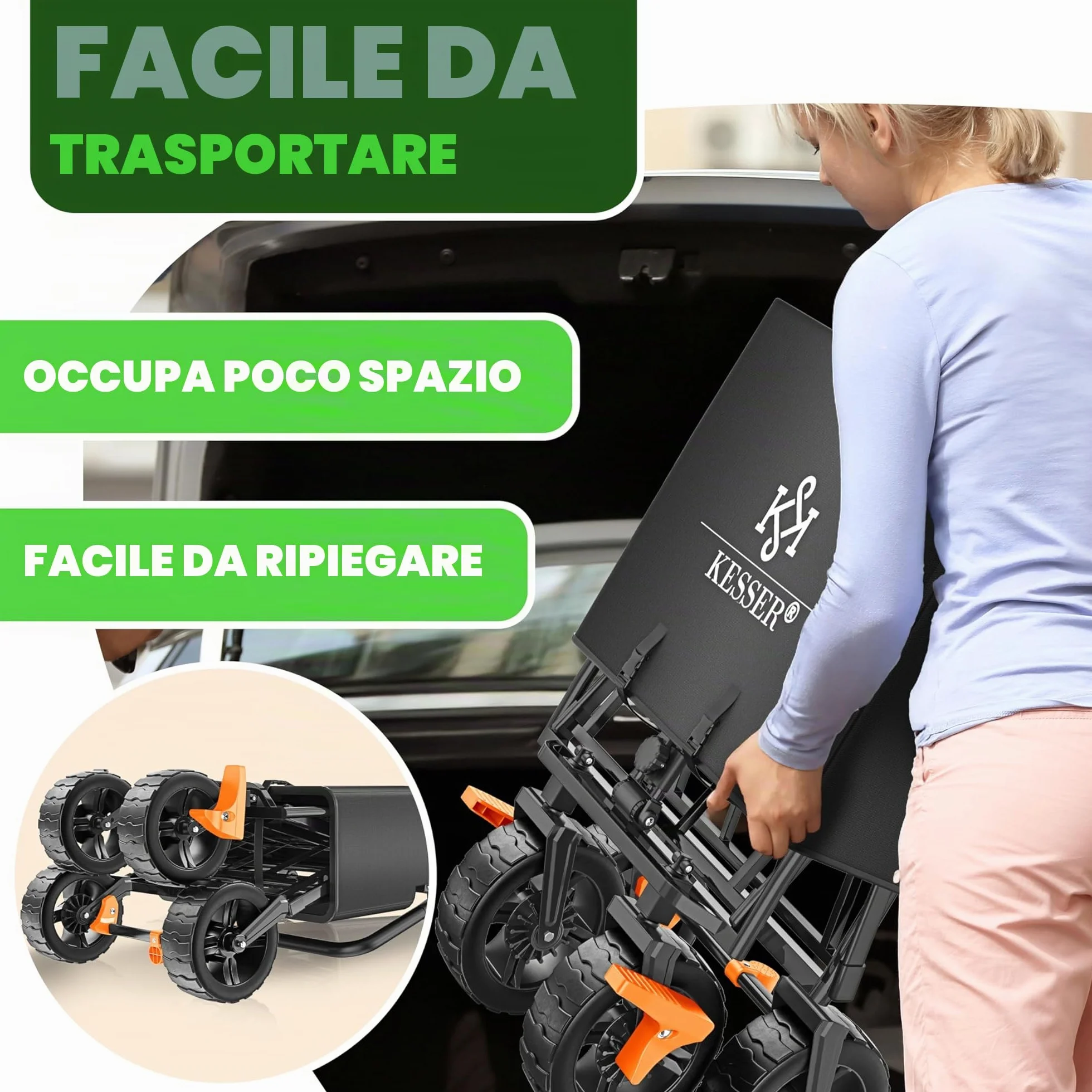 KESSER® Carrello pieghevole GT9000 con tetto | Carrello di trasporto max. portata 150 kg con ruote in gomma dura e freni anteriore/posteriore | Include serratura, copertura