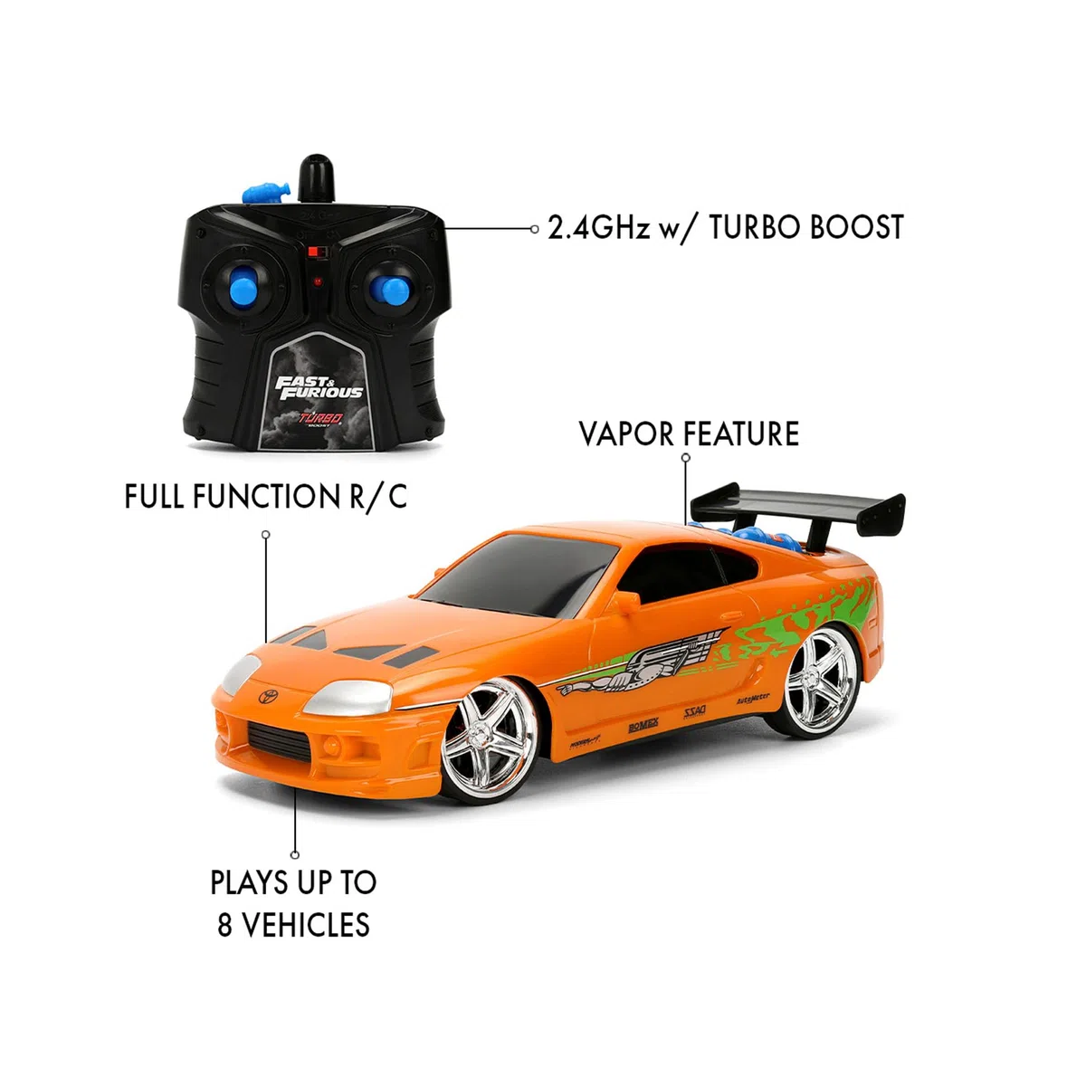 Jada Toys - Fast & Furious, Toyota Supra RC 1995 in scala 1:24, radiocomando 2,4 GHz a 2 canali, funzione Turbo ed effetto vapore – Auto telecomandata ufficiale Fast & Furious