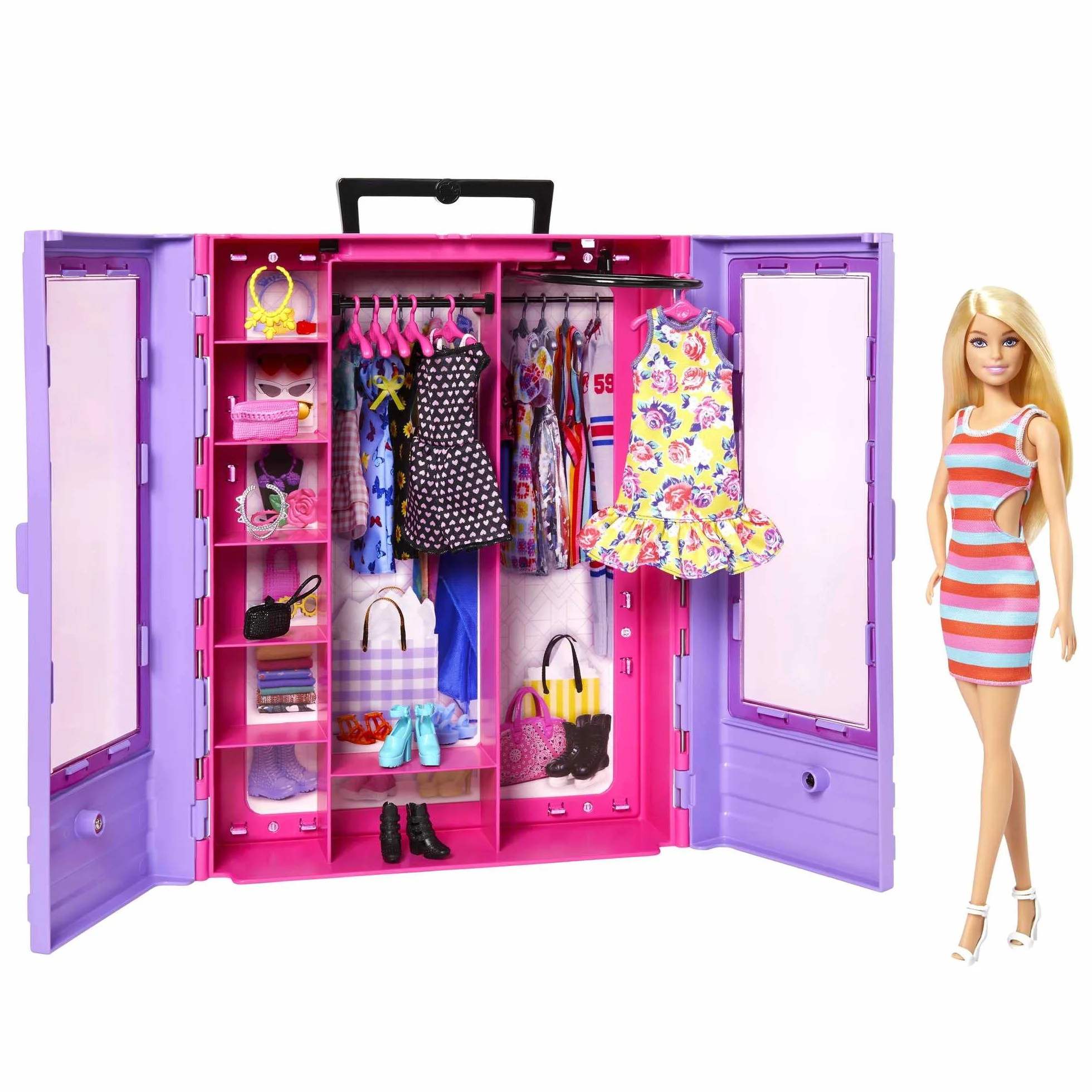 Barbie - Fashionistas Armadio Moda Look Playset con bambola, richiudibile e trasportabile, abiti, accessori e grucce, Giocattolo e regalo per Bambini 3+ Anni, HJL66