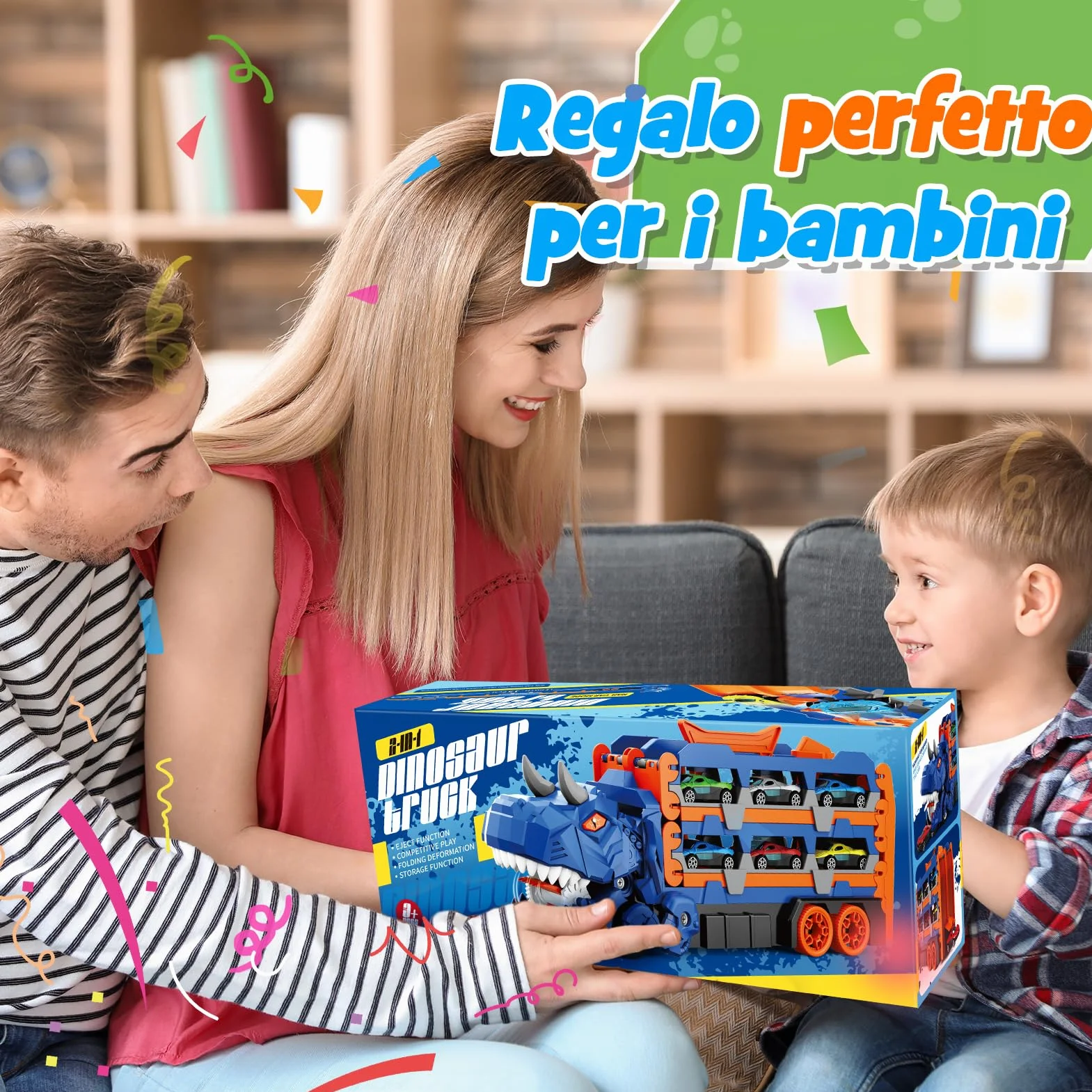 iKidiki Dinosauri Camion Macchinine per Bambini, Gioco Bambino 2 3 4 5 Anni Dinosauri per Bambini Regalo Bambino 2 3 4 5 Anni Camion Giocattolo per Bambini, Traccia Car con 6 Auto da Corsa in Lega