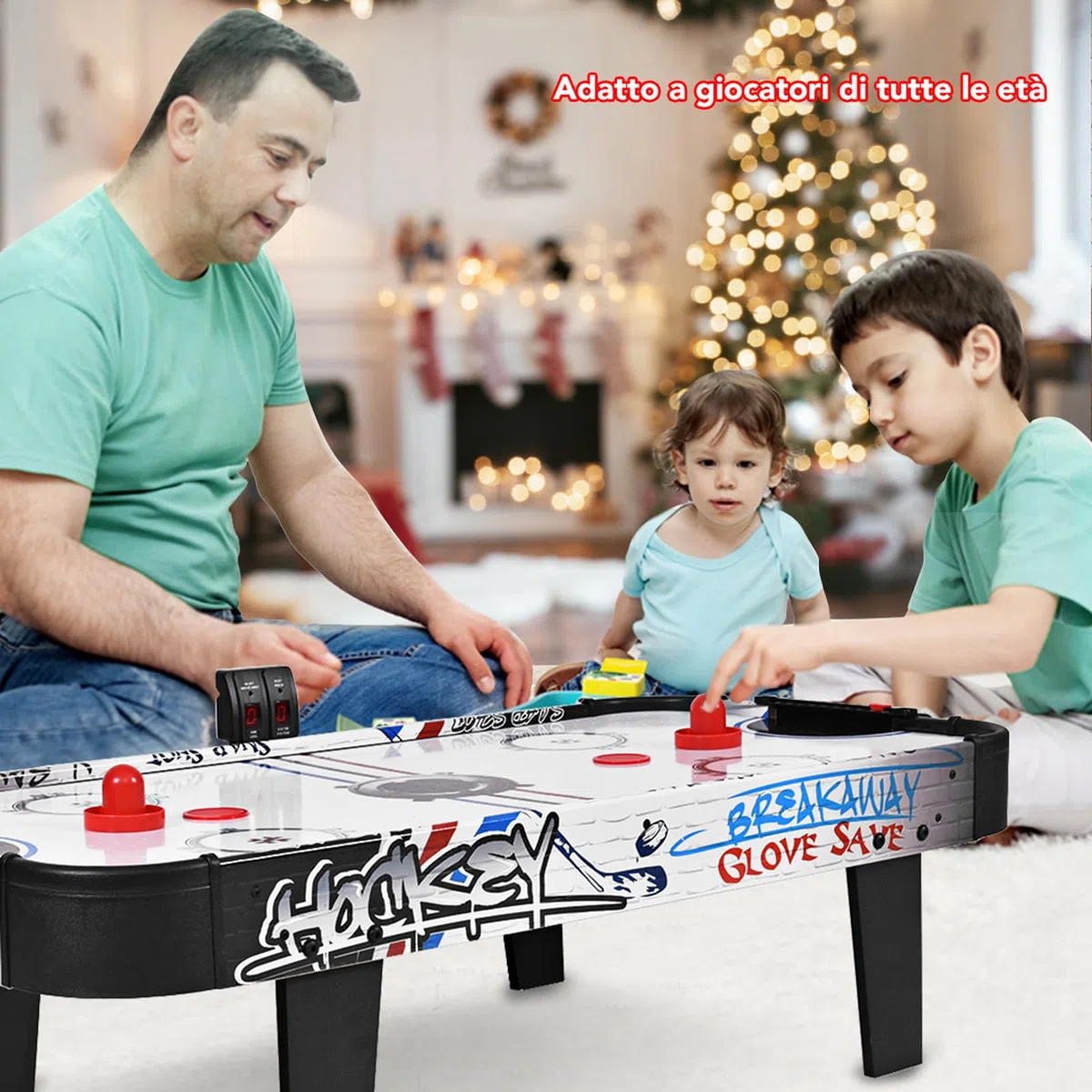 Tavolo da Air Hockey 110cm con Contatore Elettronico e Motore, Gioco da Tavolo in Legno per Bambini e Adulti