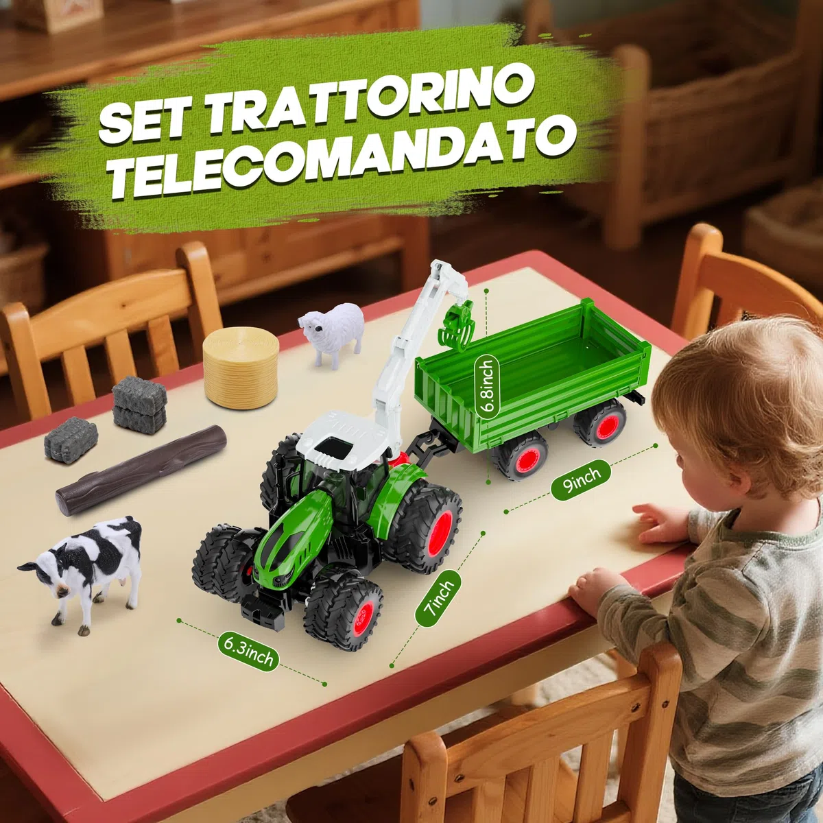HappyGoLucky Trattore Telecomandato per Bambini, 2.4GHz, 1:16 Camion Telecomandato Fattoria Giocattolo con Luce, Rimorchio, Regalo Bambino 3-12 Anni Maschio, Regali Natale Bambini 2025 Halloween