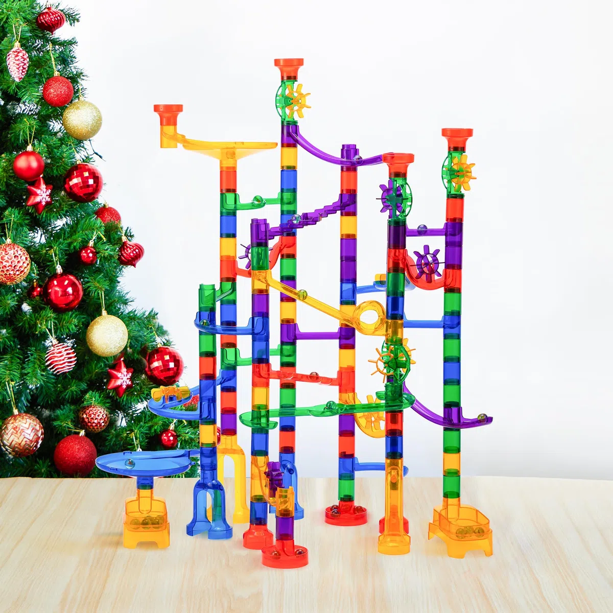 JOYIN - Set di Giocattoli in Marble Run (170 Pezzi), Giocattolo educativo per Costruzione (120 Pezzi in plastica + 50 Marmi di Vetro)