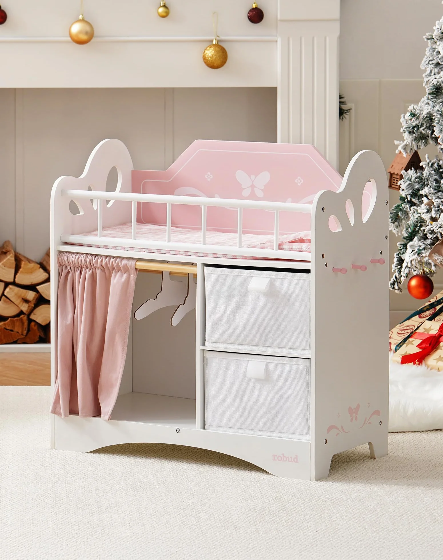 ROBUD Letto per bambole in legno con armadio e biancheria da letto per bambole fino a 55 cm