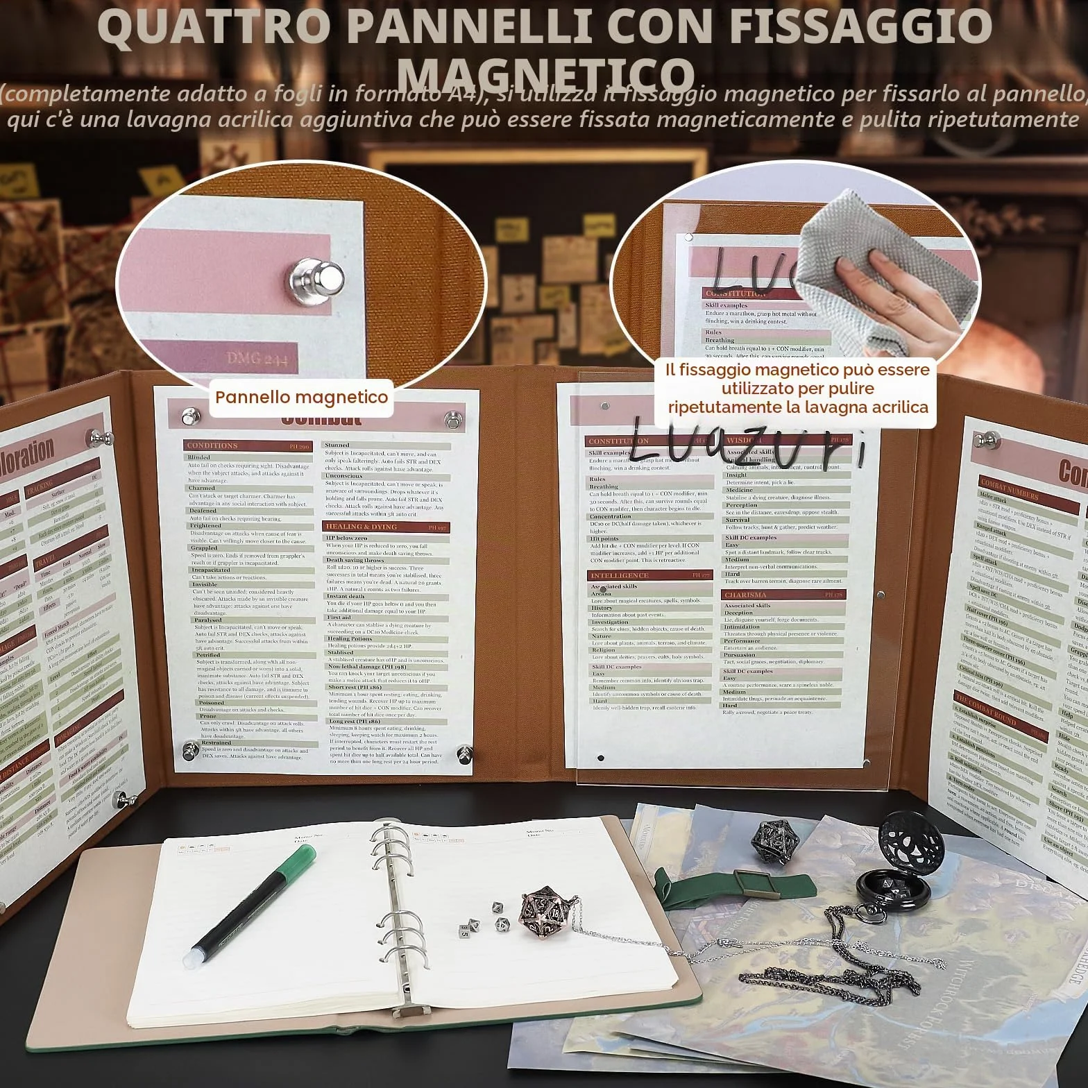 DND DM Screen 5e Dungeon Master Screen, Deluxe Leather 4-Panel Customizable Magnetic Panel Game Master Screen,accessori da tavolo per giochi di ruolo