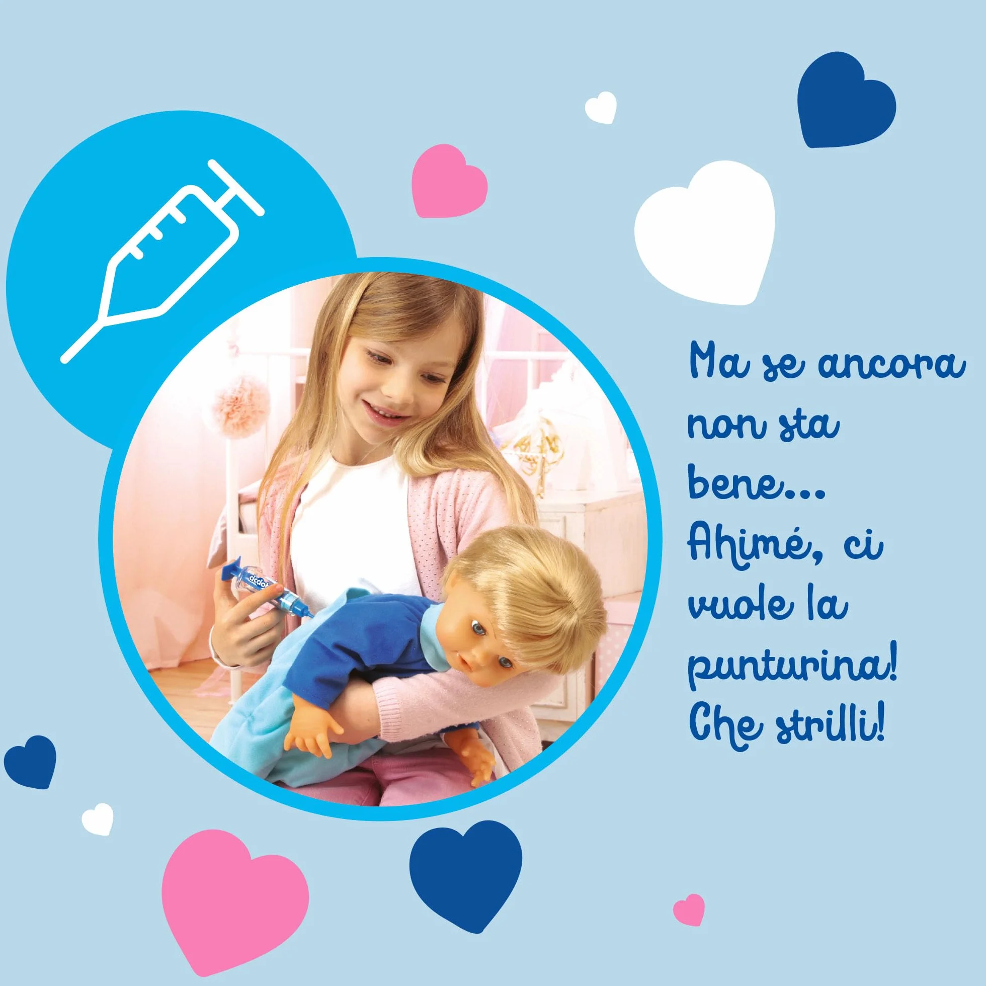 Cicciobello Bua, Bambola Interattiva con Accessori, Giochi Bambini 2 anni, Accessori per la Cura Come Termometro e Stetoscopio, Usa il Ciuccio per Farlo Smettere di Piangere!