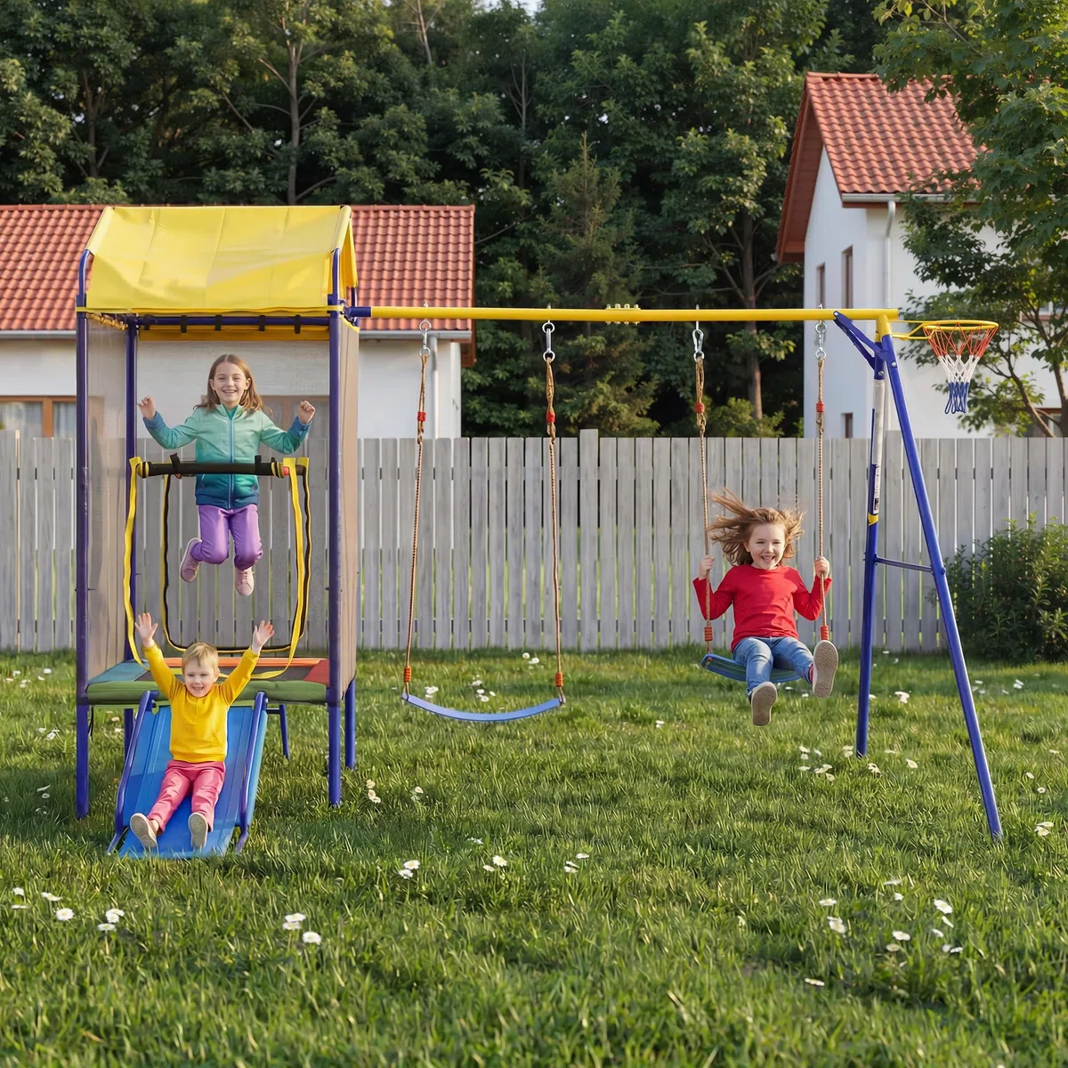 BTM Altalena da Giardino per Bambini Giochi da Giardino per Bambini Esterno con Trampolino, Altalena, Scivolo e Canestro da Basket