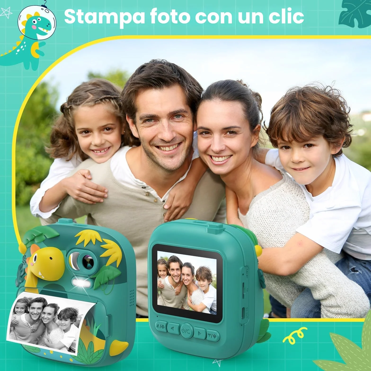 Macchina Fotografica Bambini Istantanea, CAMCLID 2,4 Pollici Fotocamera Bambini con 32GB Scheda, 12MP/1080P Fotocamera Digitale Dinosauro, Regali per Ragazzi Ragazze da 3-12 Anni (Verde)