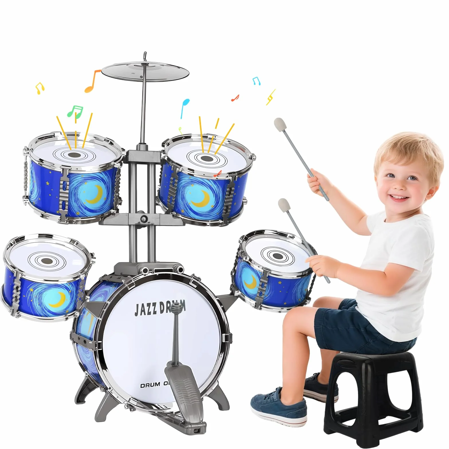 Batteria Bambini Giocattolo, 5 Tamburi Batteria Jazz Kit Strumento Musicale Percussione Educativo Giocattolo con Sgabello per 3 4 5 6 Anni Principianti Ragazzi Ragazze Compleanno Natale Regali, Blu