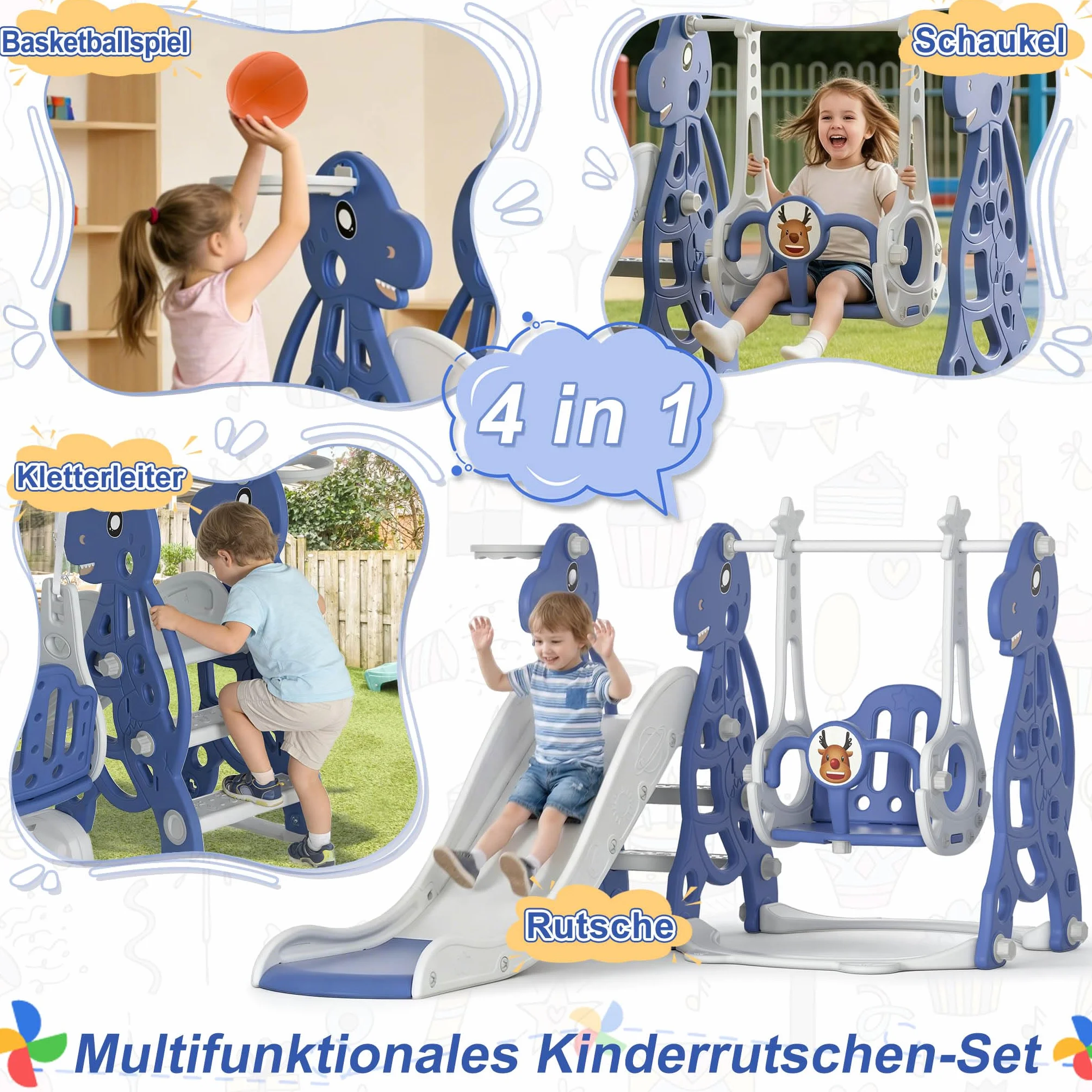 Froadp 4 in 1 Scivolo Autoportante per Bambini Scivolo Giocattolo con Canestro da Basket e Altalena per Interni ed Esterni Bambini Scivolo da Giardino in Plastica PP e PE für 1 Jahr und Mehr (Typ B)