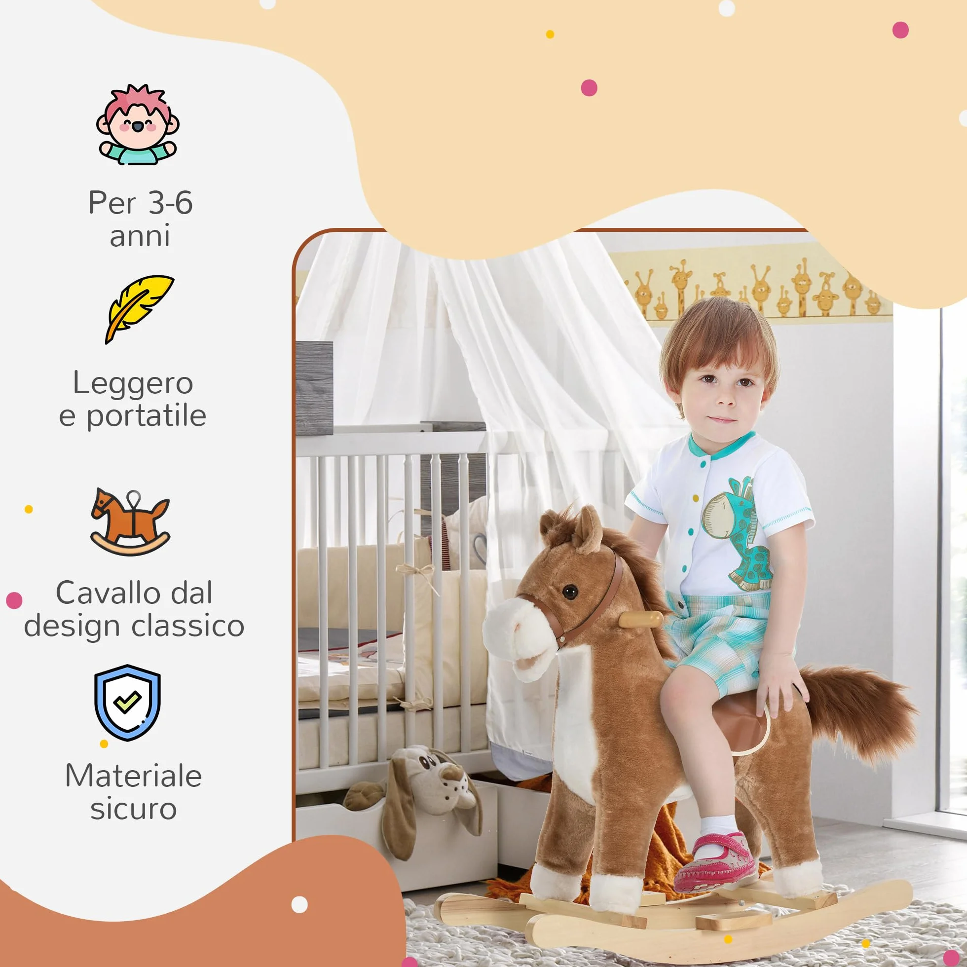 HOMCOM Cavallo a Dondolo per Bambini, Cavallino a Dondolo Bambini 36-72 Mesi, Cavalluccio Giocattolo con Suoni Realistici e 2 Batterie AA, Marrone