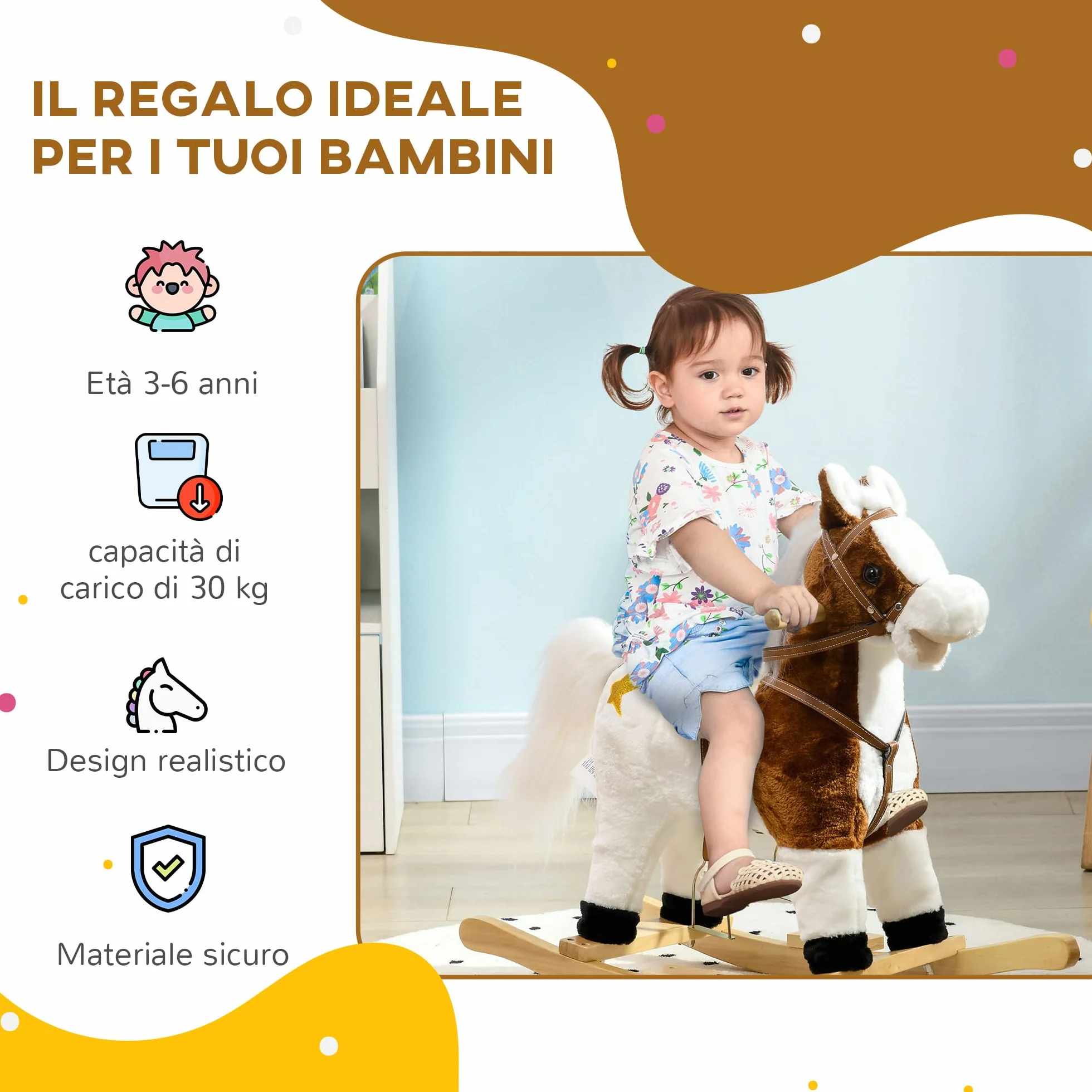 HOMCOM Cavallo a Dondolo per Bambini da 3-6 Anni, Gioco per Bambini Cavalcabile con Suoni in Peluche, 68x26x62cm, Marrone