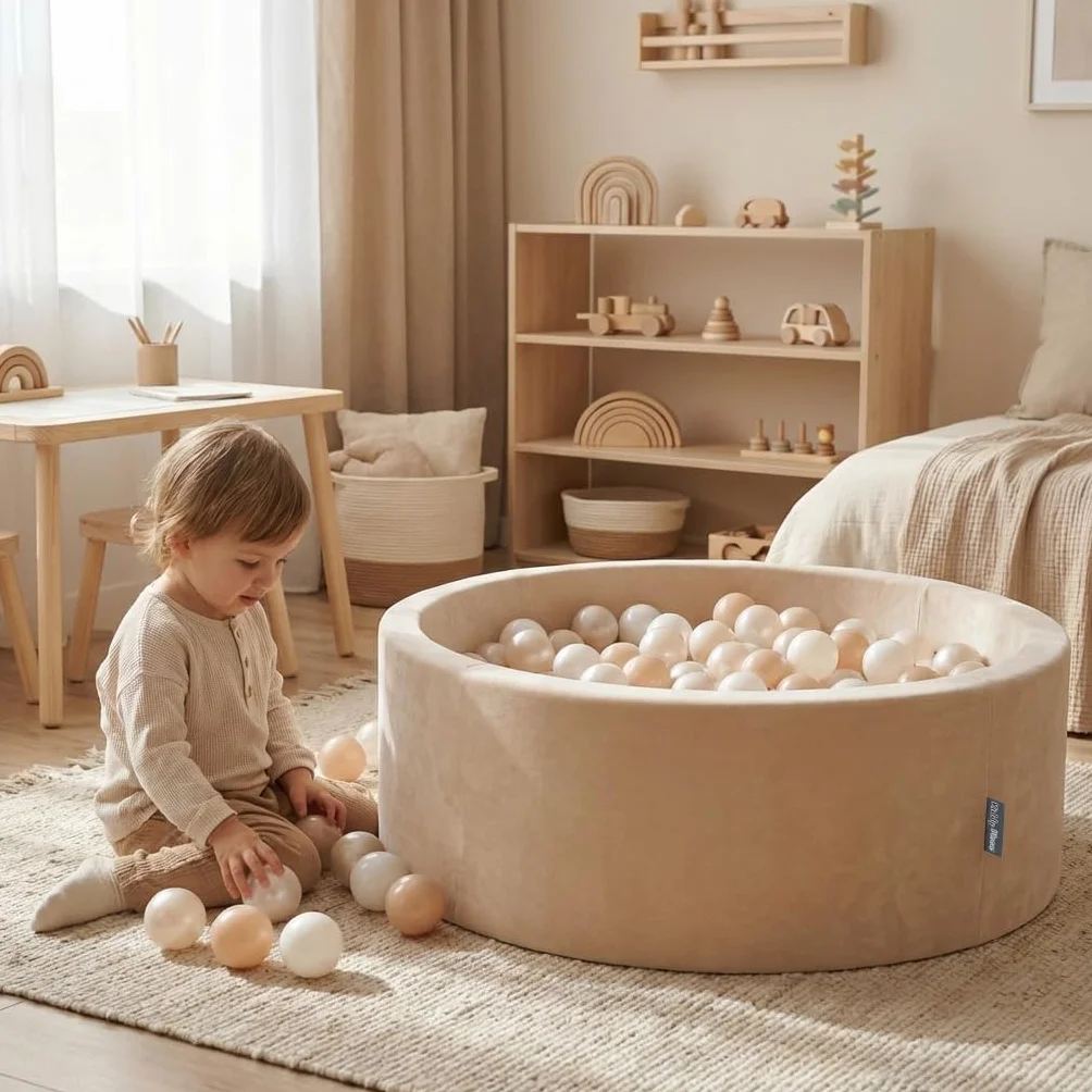 KiddyMoon Velluto Piscina Di Palline 90X30cm/200 Palline ∅ 7CM Per Bambini Tondo, Beige Sabbia: Beige Pastello/Bianco/Perla