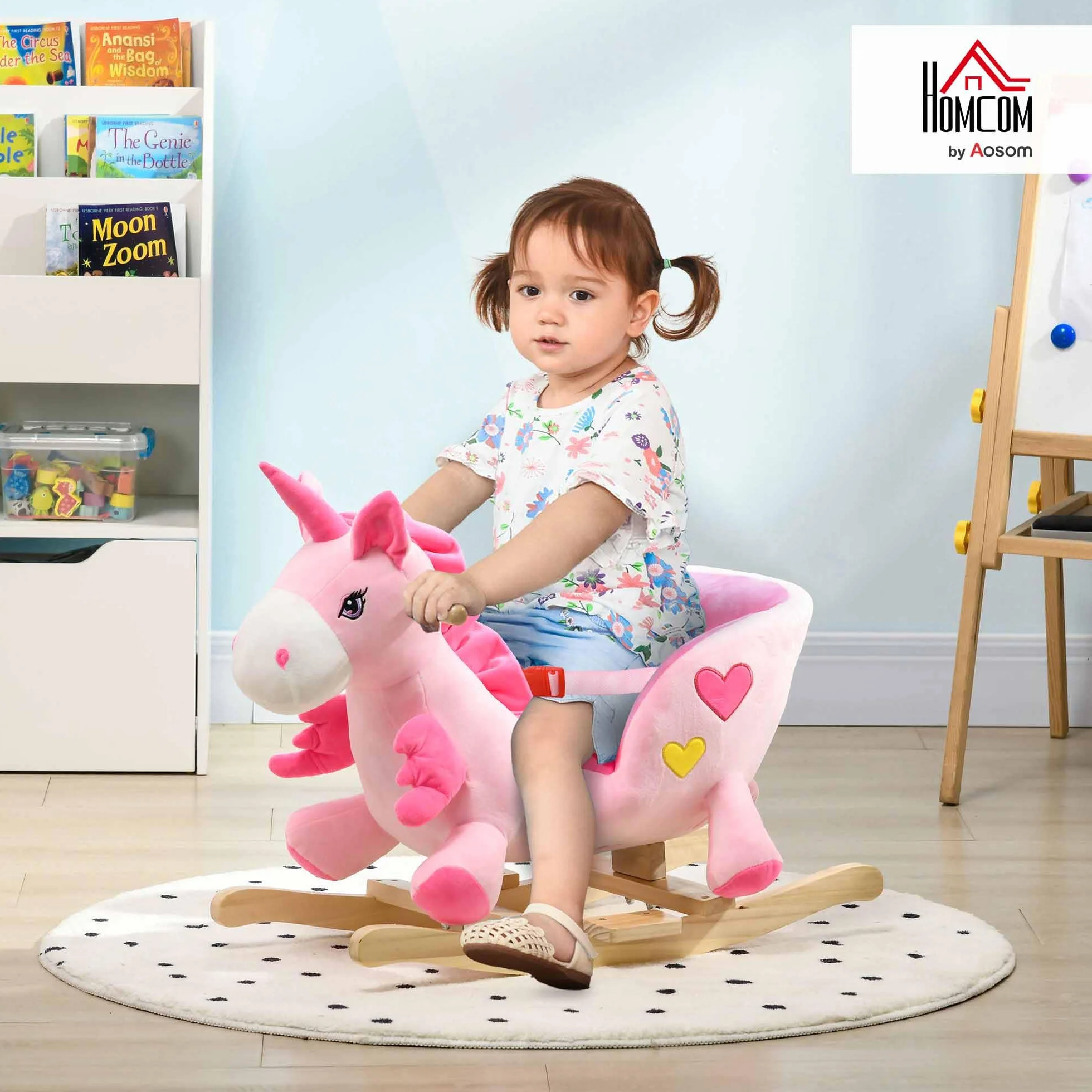 HOMCOM Cavallo a Dondolo con 32 Canzoni, Unicorno a Dondolo in Peluche con Base in Legno e Cintura di Sicurezza per Bambini da 18-36 Mesi, Rosa