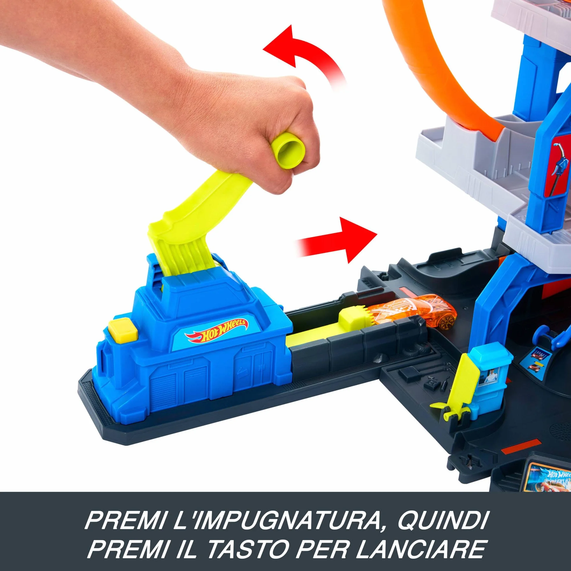 Hot Wheels - Mega Garage, Set Pista con 3 Livelli di Gioco e 2 Loop, macchinina ed Elicottero Inclusi, adattatori Speed Snap e Spazio per riporre 37 Veicoli, Giocattolo per Bambini, 4+ Anni, JLC05