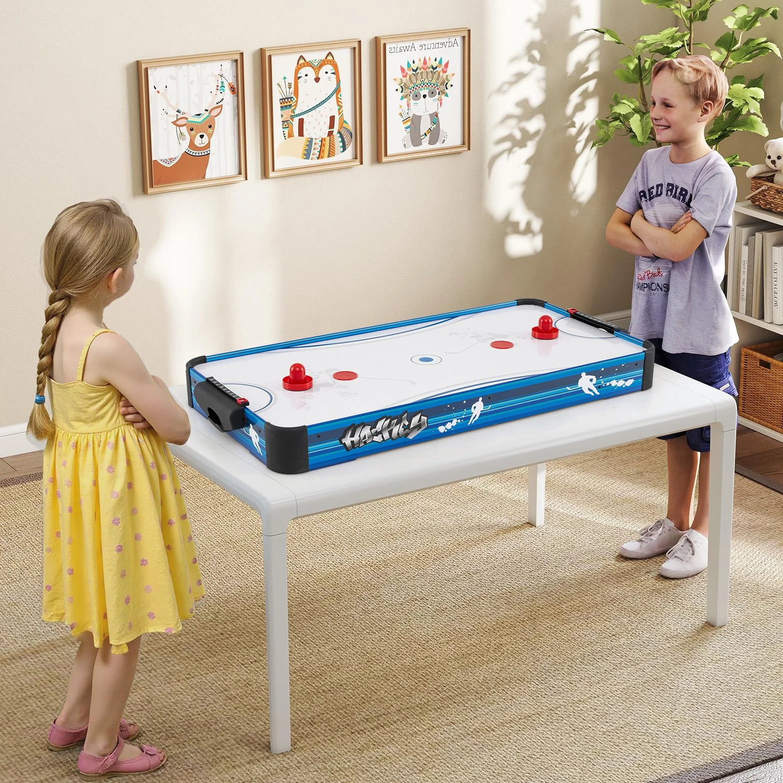 COSTWAY Tavolo da Air Hockey, con 12V Motore Elettrico Potente, 2 Dischi e 2 Spintori, Air Hockey da Tavolo per Sala Giochi Casa Ufficio, 108x50,5x10 cm