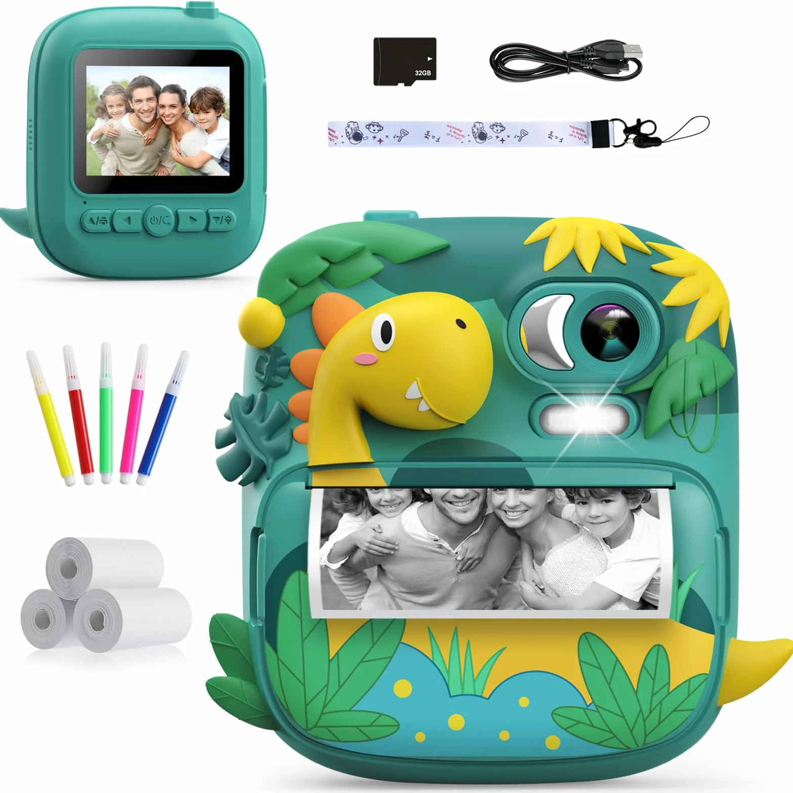 Macchina Fotografica Bambini Istantanea, CAMCLID 2,4 Pollici Fotocamera Bambini con 32GB Scheda, 12MP/1080P Fotocamera Digitale Dinosauro, Regali per Ragazzi Ragazze da 3-12 Anni (Verde)