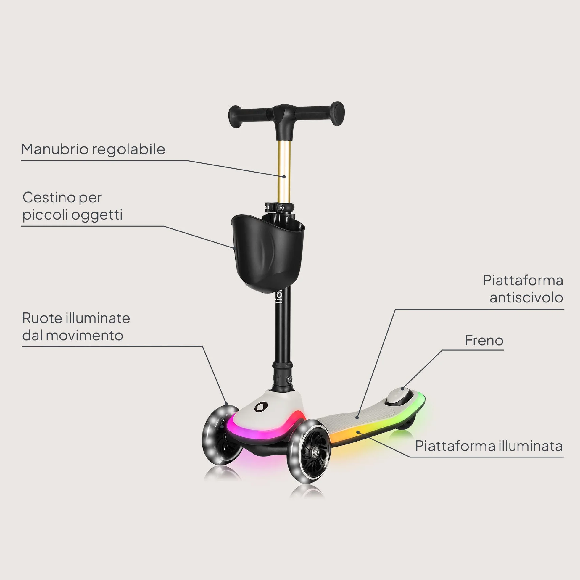 LIONELO Monopattino Bambino a 3 Ruote MEY per bambini da 3 anni fino a 50kg, Monopattino per Bambini con Illuminata e Ruote a LED, Altezza Regolabile, Pedana Antiscivolo, laggero, Cestino
