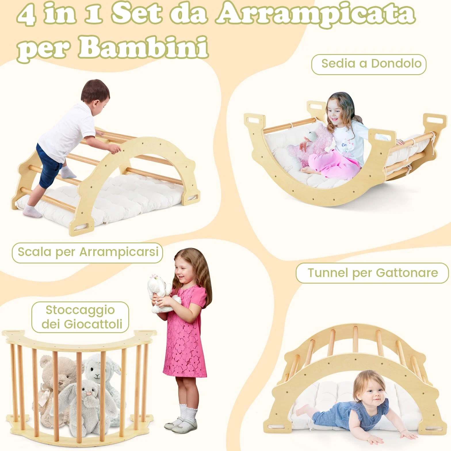 COSTWAY Arco da Arrampicata per Bambini, 2 in 1 Altalena ad Arco in Legno con Cuscino Morbido, Doppia Faccia, Ideale per Bambini 1+ Anni (Naturale)