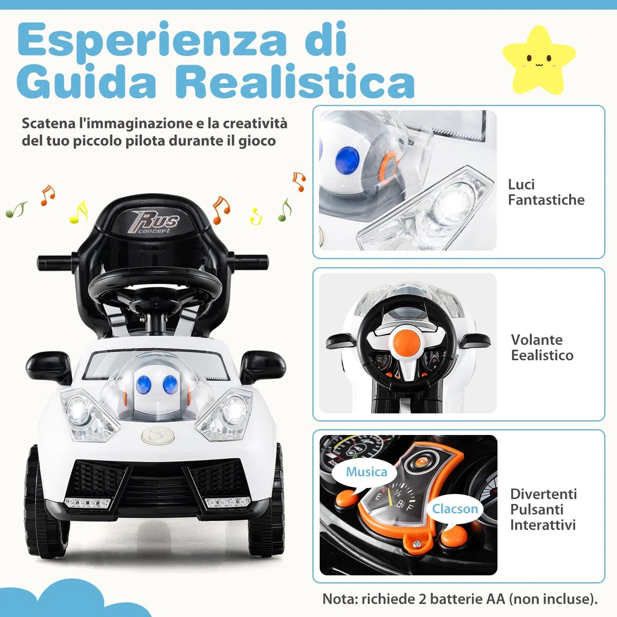 COSTWAY 3 in 1 Auto a Spinta Macchinina da Passeggio per Bambini 1+ Anni Bianco