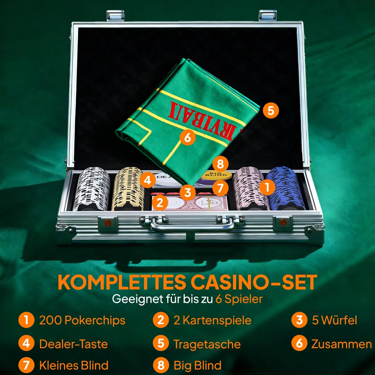 SPORTNOW set poker con serratura con valigetta 200 fiches carte 5 dadi mazzi di carte con bottone, set completo poker giochi di carte valigetta in alluminio per Texas Hold'em, Blackjack