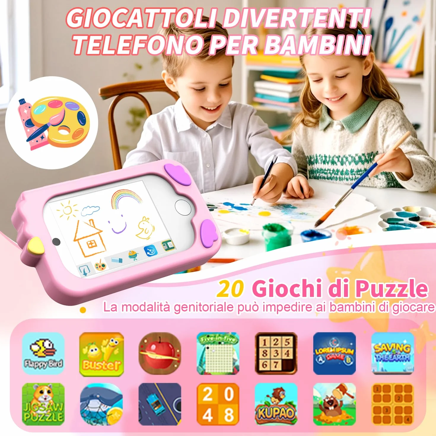 CHAKEYAKE Telefono per Bambini, Macchina Fotografica Bambini con 2,8" Tattile, Doppio Kamera, Lettore MP3, Scheda SD 32 GB, Regali di Natale e Compleanno per 3 4 5 6 7 8 9 10 Anni (Rosa)