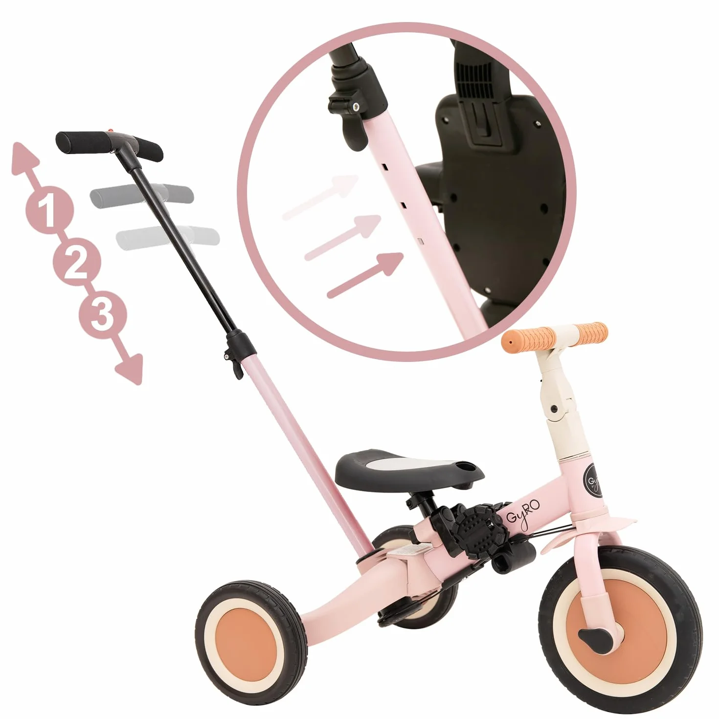 Olmitos - Triciclo evolutivo per bambini 5 in 1, bicicletta per bambini da 1 anno a 5 anni, da triciclo a bicicletta con o senza pedali, adattabile e trasformabile (Gyro + Rosa